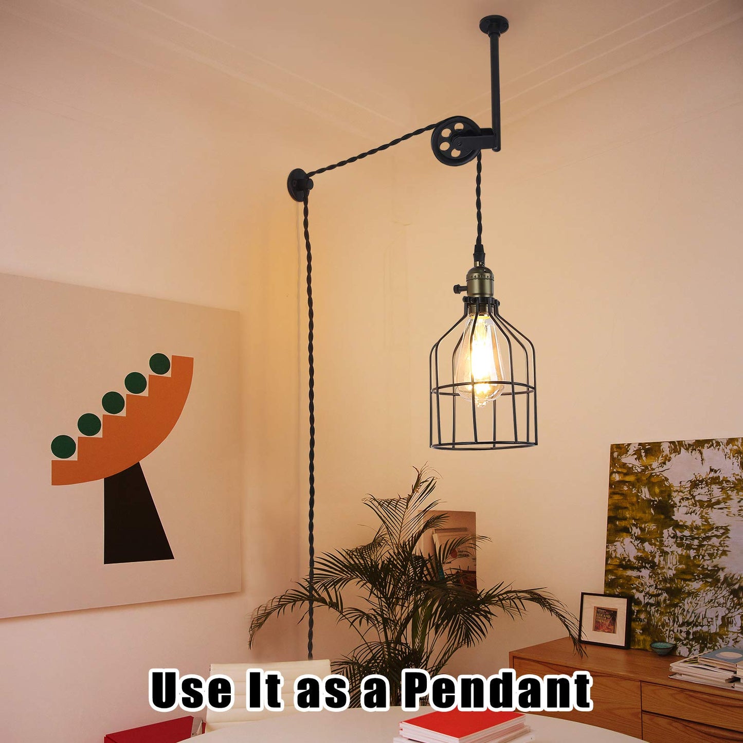 Antique Cage Hanging Wall Sconces Plug in for Bedroom Living Room , Adjustable Pulley Wall Lamp Light Fixture for Bedside Reading ,Farmhouse