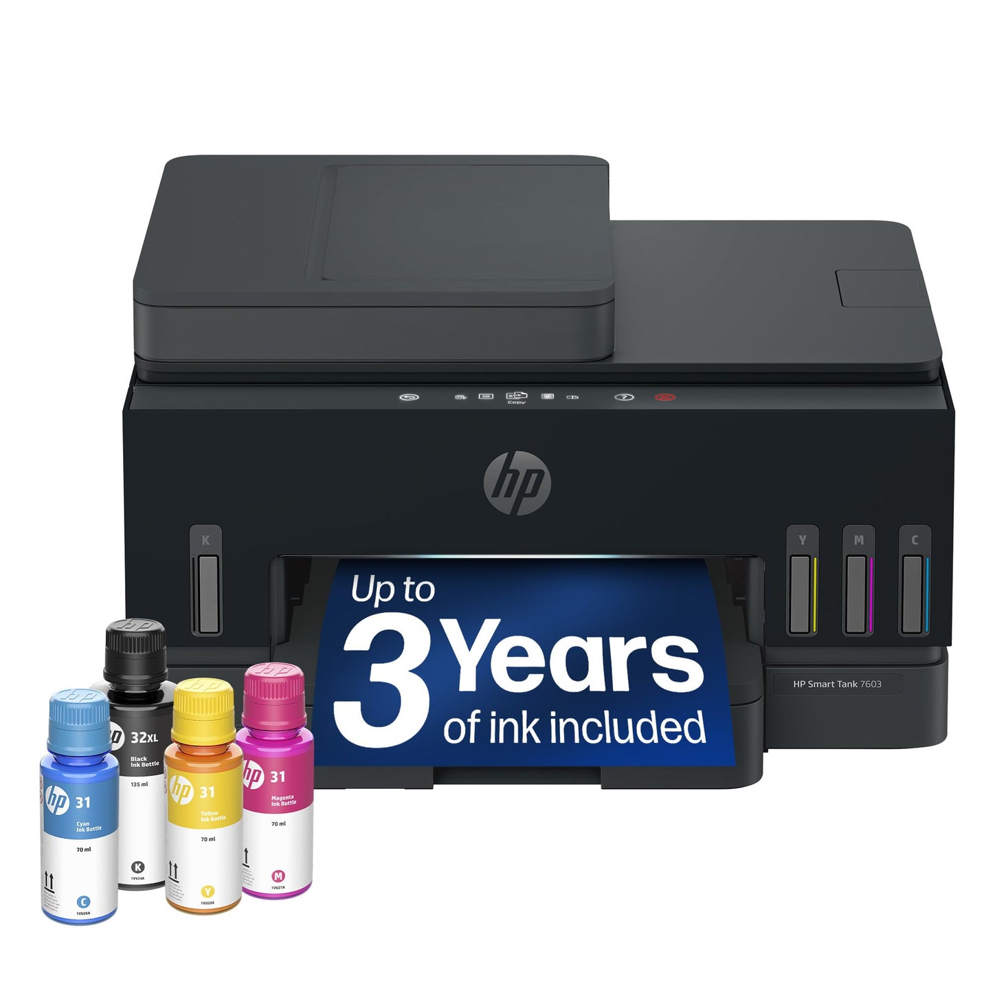 HP Smart Tank 7603 Wireless All-in-One Ink Tank Printer, Scanner, Fax, Copier with up to 3 Years of Ink Included, Best-for-Home Office, Cartridge-Free
