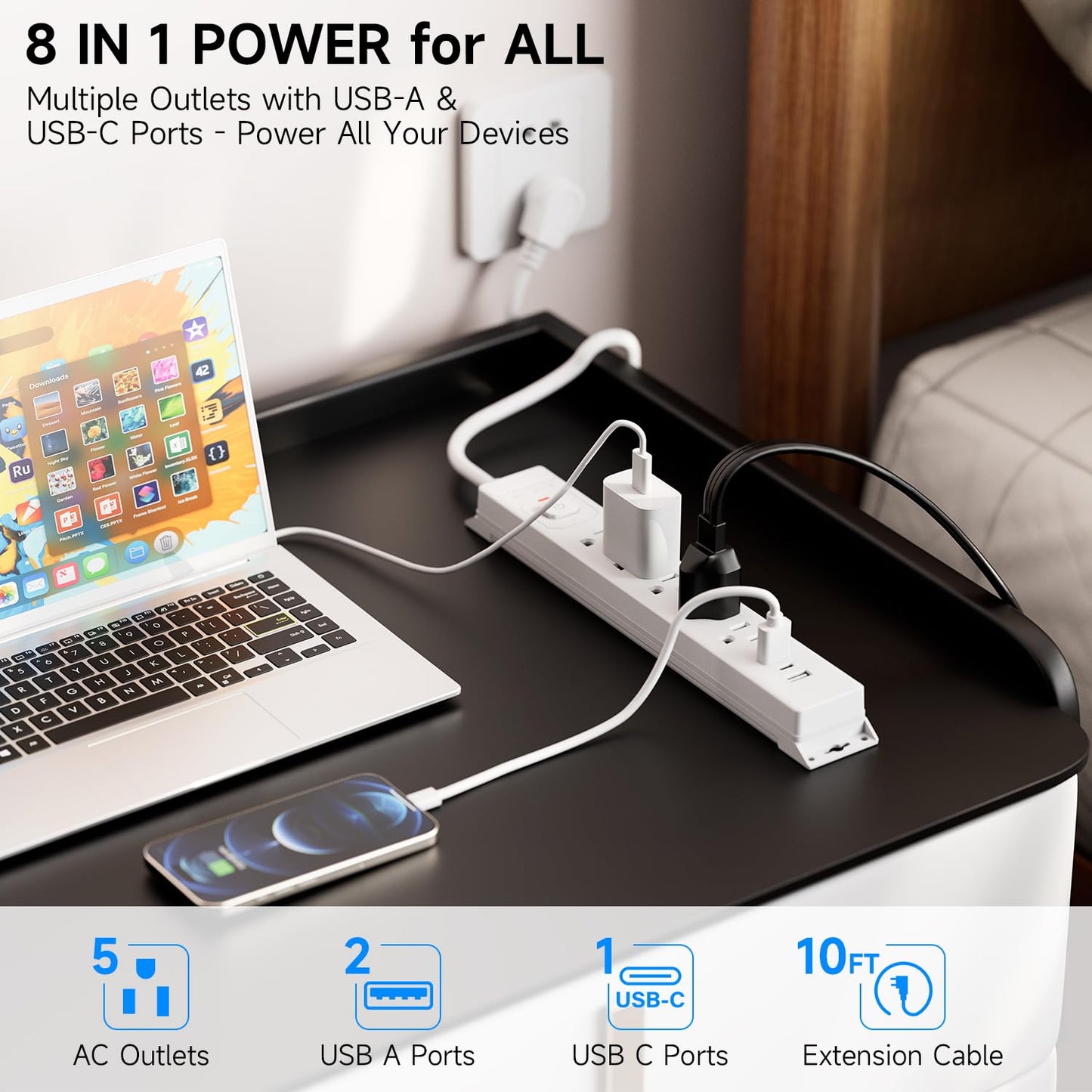 10 Ft Power Strip Surge Protector with USB Ports, Flat Plug Extension Cord, 5 AC Outlets and 3 USB Charging Ports, Wall Mountable for Home, Office