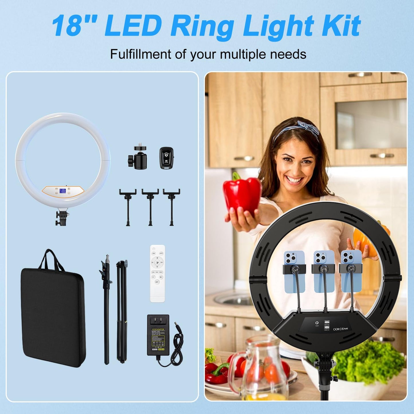 18 inch Ring Light with Stand,Foldable Large Ring Light for ipad iPhone,LCD Display/4 Clips/2 USB Ports,2700-6500K with Tripod for Tattoo Lash Barber