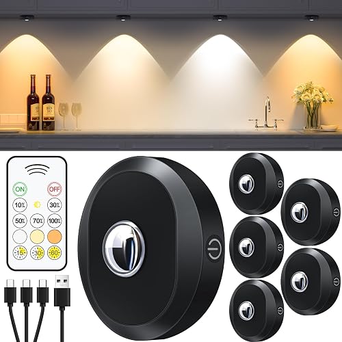 WILLED Puck Lights with Remote Control, Rechargeable Under Cabinet Lights, 1200mAh Battery Operated Tap Lights, Dimmable Push Lighting, Wireless