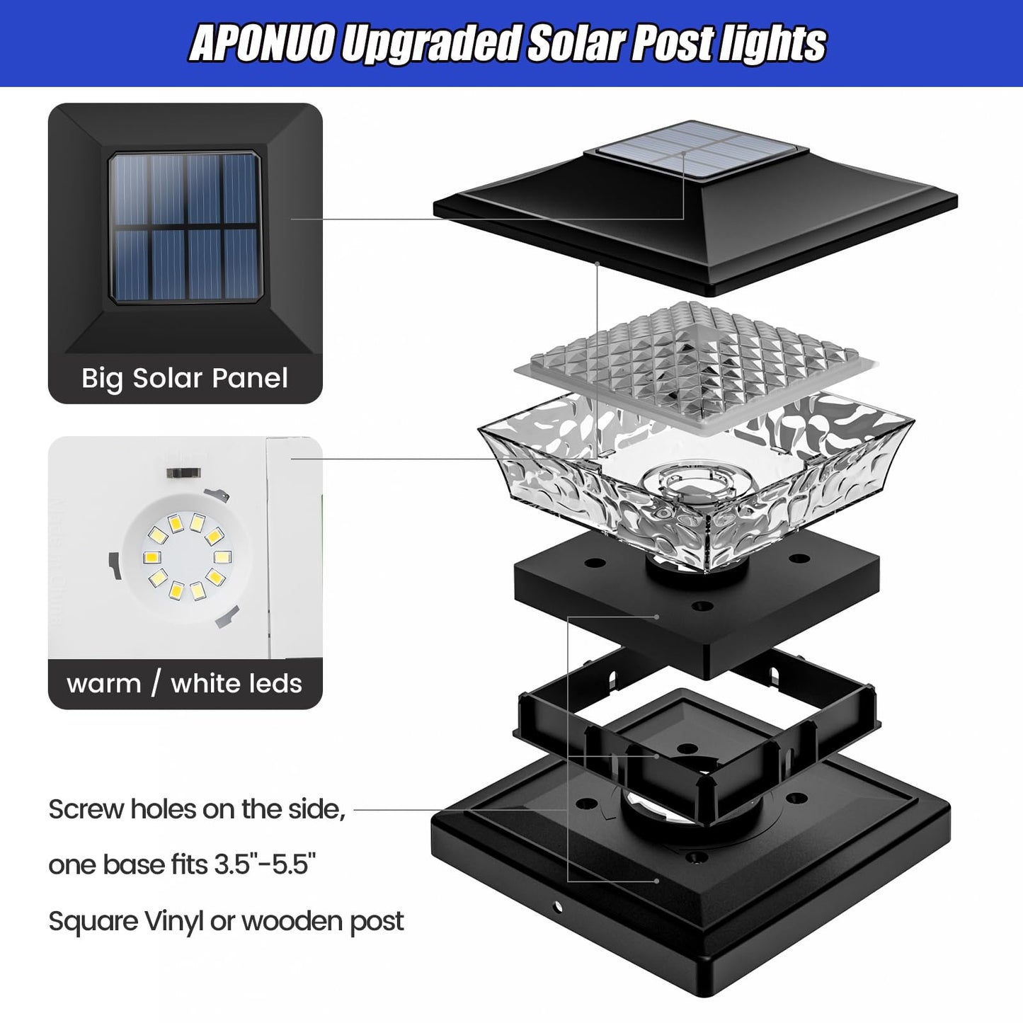 APONUO Solar Post Cap Lights 6 Pack for 4x4 5x5 6x6 Wood & Vinyl Fences - IP65 Waterproof, All-Night Auto On/Off, Warm/Cool White Light, Outdoor Deck