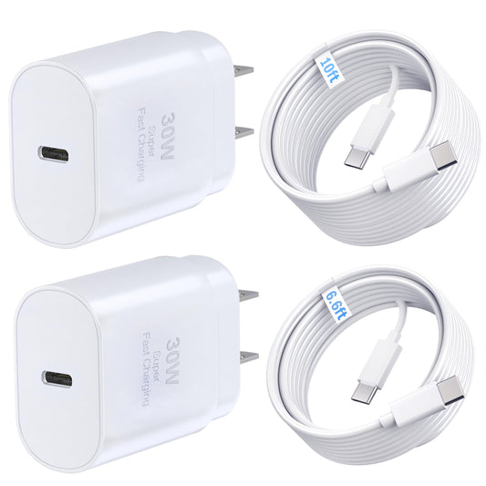 TT&C 30W USB C Fast Charger kit with 10FT & 6.6FT Cables, PD 3.0 Power Wall Block Compatible with iPhone 17, 17e, iPhone Air, 16, 15, Pro Max