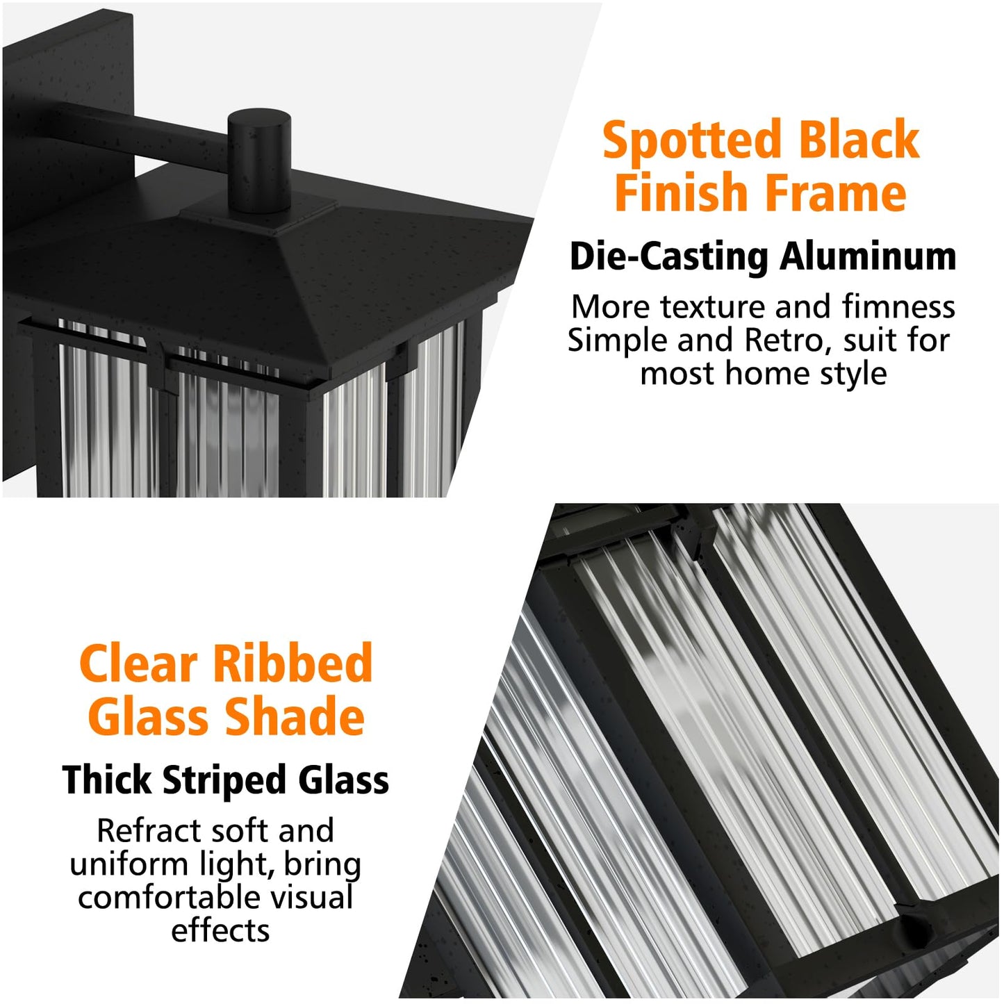 Yoenecea Modern Outdoor Wall Light for House, Outdoor Lighting Fixtures Wall Mount with Ribbed Glass, Soptted Black Aluminum Exterior Wall Lantern