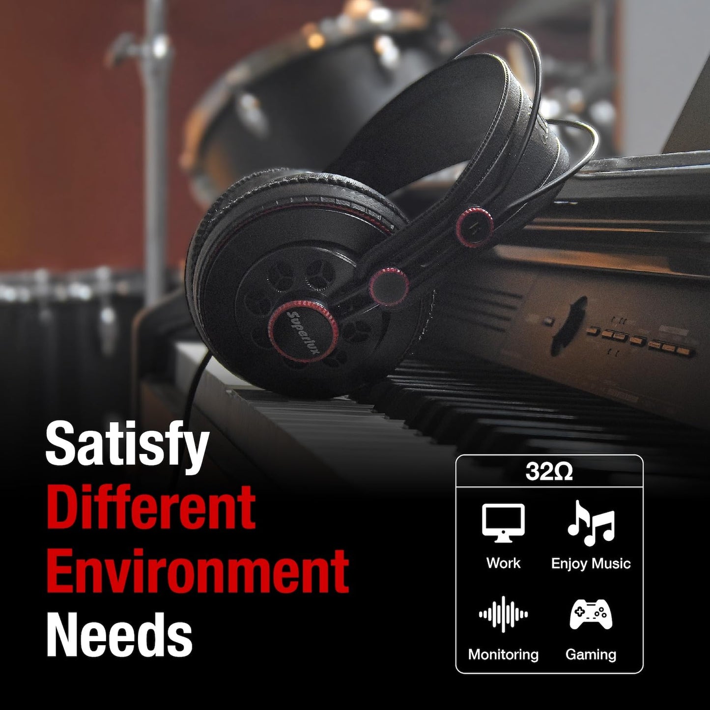 Superlux HD681 Semi-Open Studio Headphones, Wired Over-Ear with 50mm Neodymium Drivers, Single-Sided Cable, 10-30,000Hz, for Monitoring, Recording