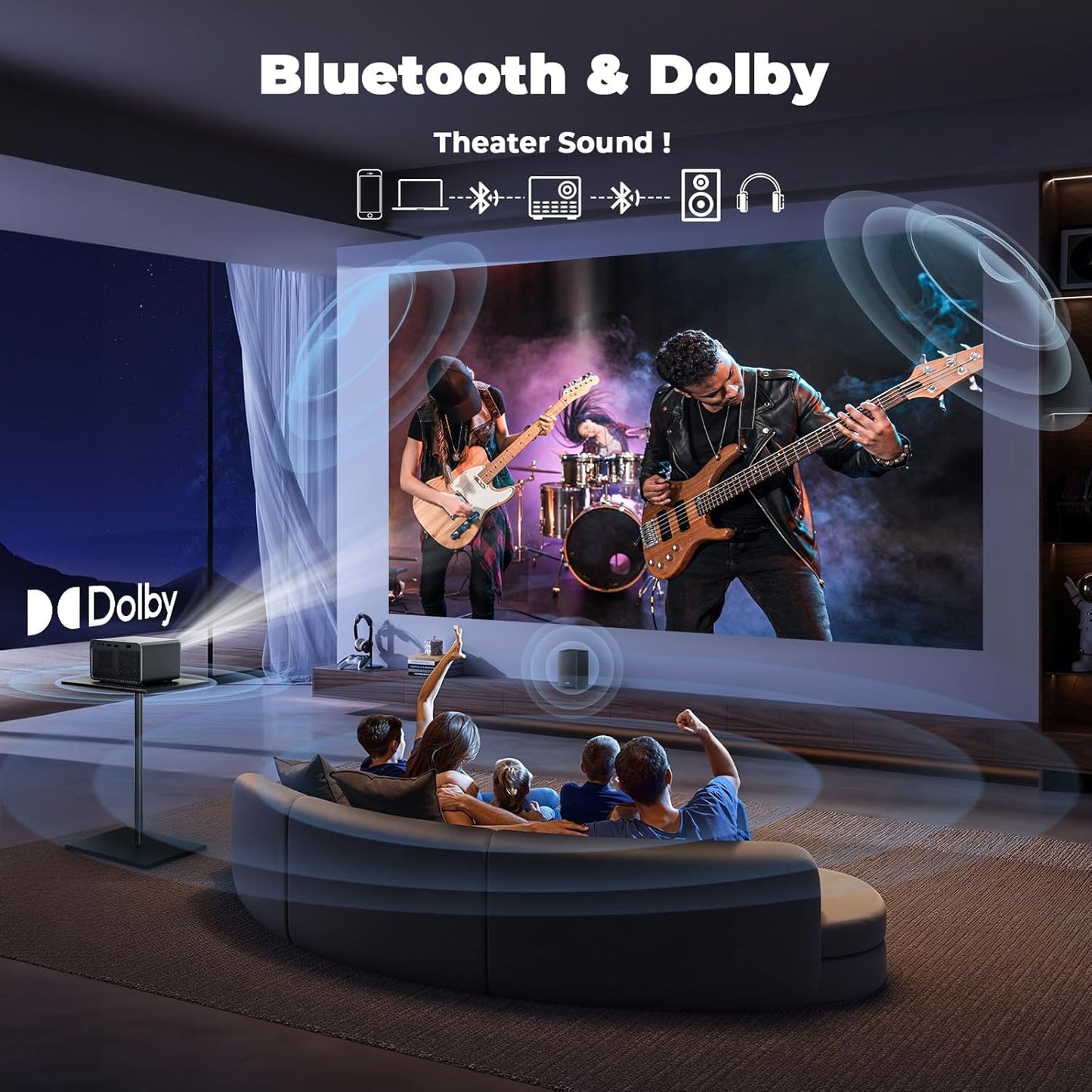 Projector with WiFi and Bluetooth: [1800 ANSI/Ai Auto Focus/800+ Apps/Compatible with Netflix] Outdoor-Projector 4K Support 1080P Smart Live TV Movie