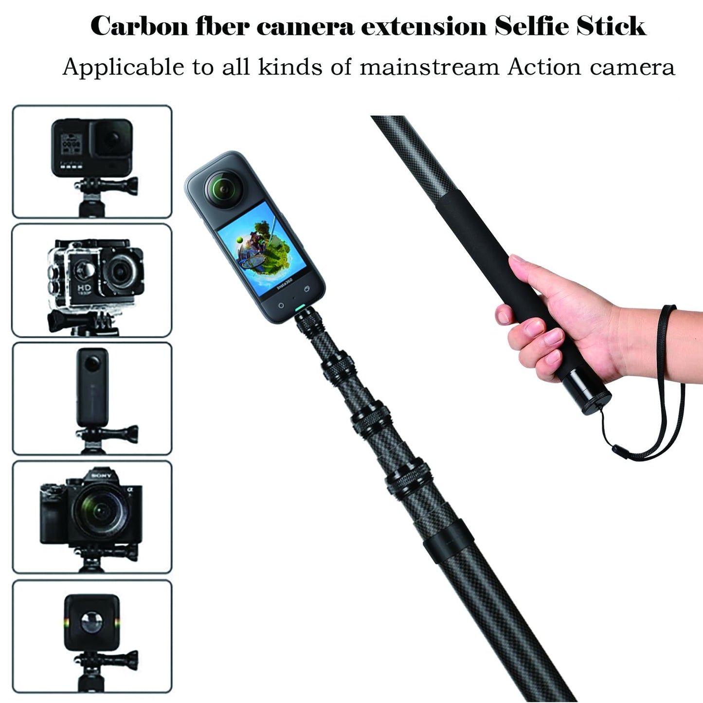 3m Long Invisible Selfie Stick 9.8ft Carbon Fiber Lightweight Extension Pole for Insta360 ONE X5 X4 X 3 X2 R RS Action Camera (Black)