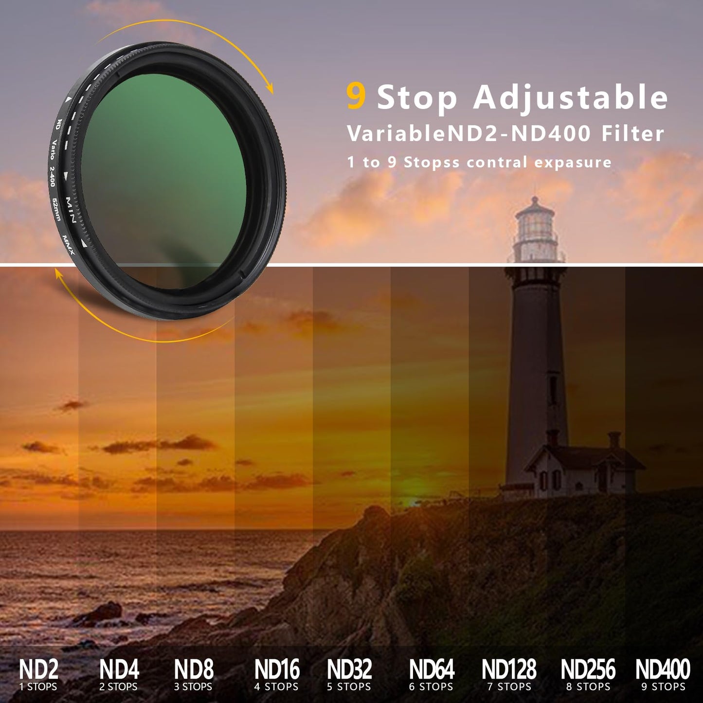 52MM Variable ND2-ND400 Filter, Ultra Slim Multi-Coated Adjustable Neutral Density Filter, Clip-on Phone Lens ND Filter Kit, Compatible for iPhone 15