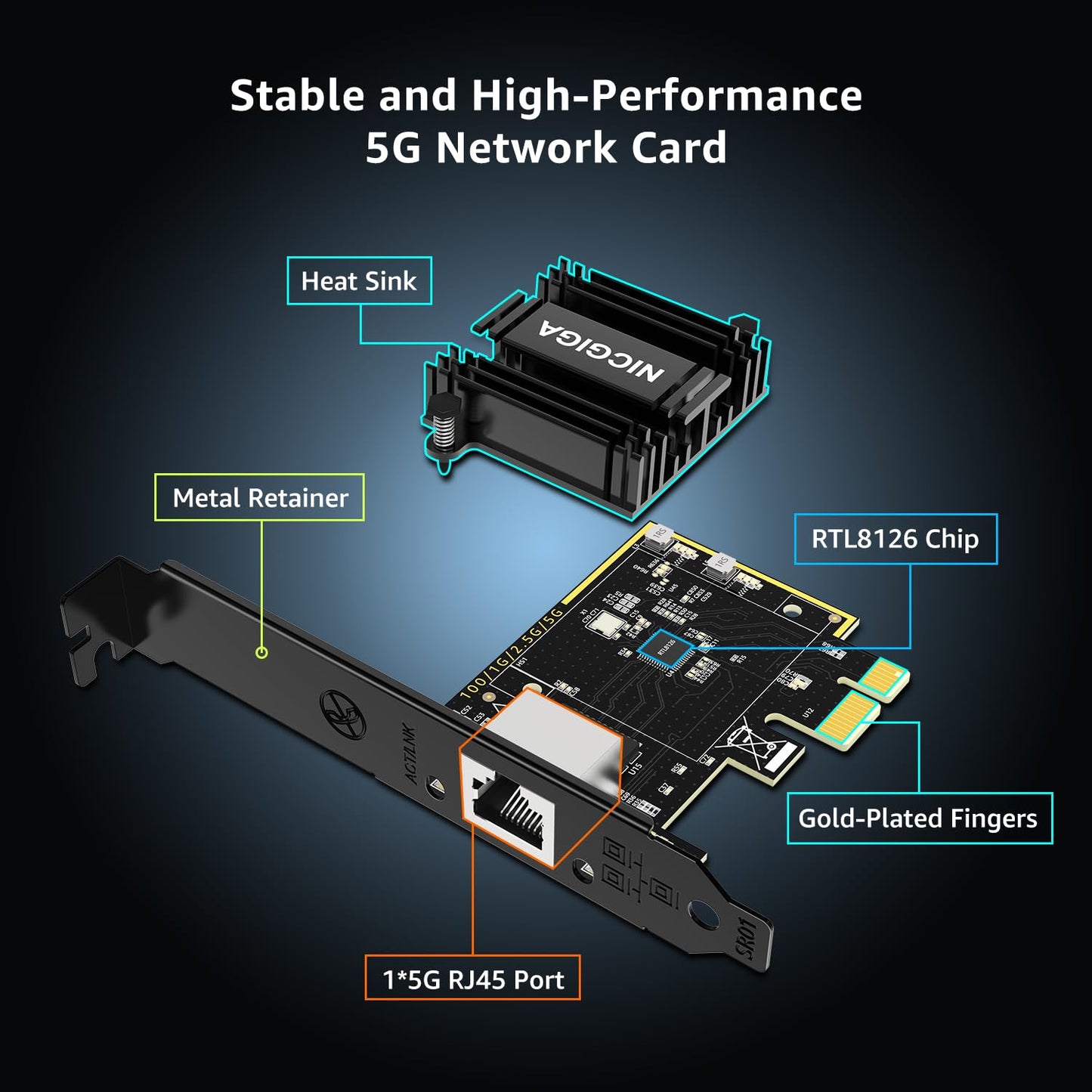 5Gb Base-T Network Card, Realtek RTL8126 Controller, NICGIGA 5G PCIe Ethernet Adapter Support WOL, 5Gbe RJ45 Port NIC Card, Windows10/11/Windows