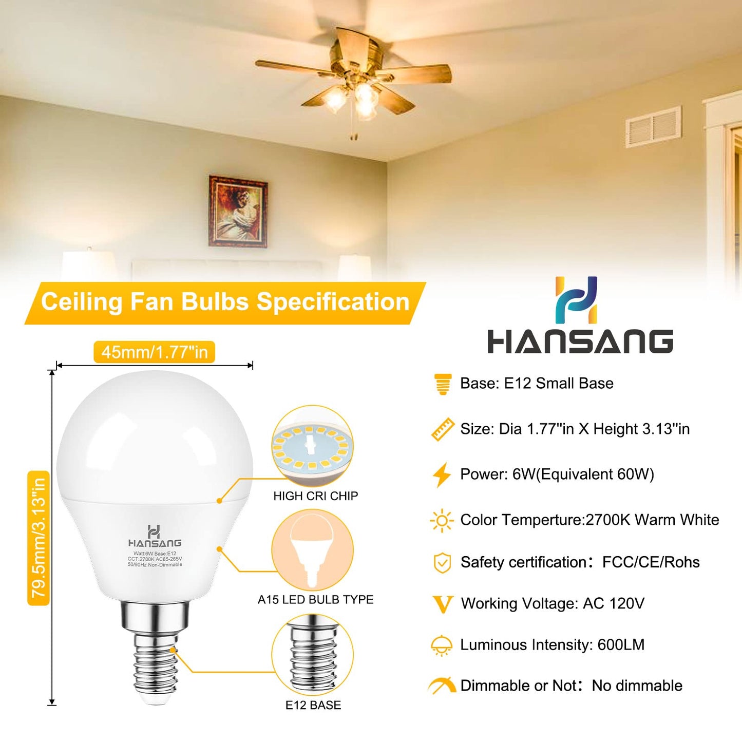 hansang E12 LED Bulb 60W Equivalent Candelabra Light Bulbs 2700K Warm White