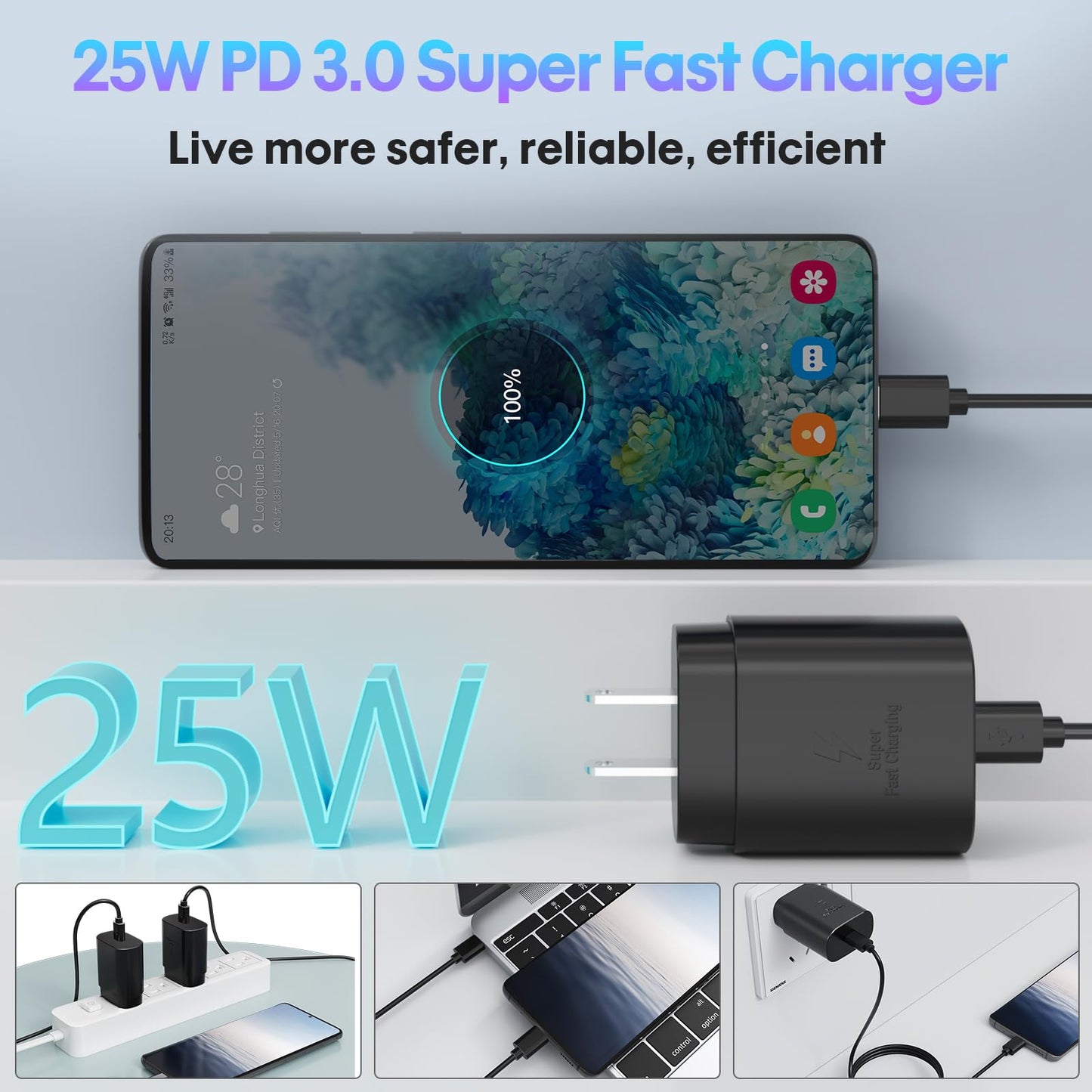 Type C Charger, 3-Pack 25W Type C Super Fast Charging Block with USB C Charger Cable Compatible with Galaxy S23 Ultra/S23+/S22/S21/S20/Phone 16/16