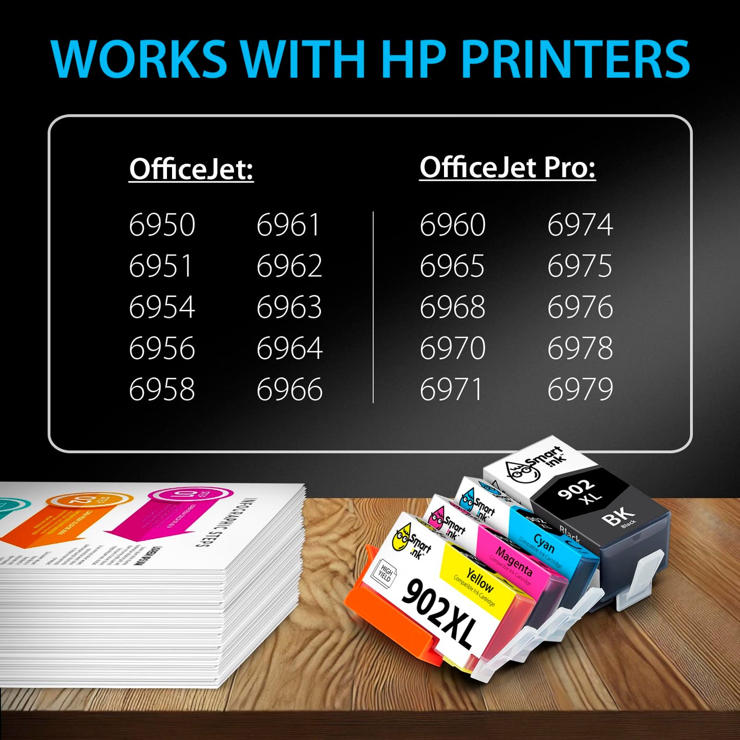 Smart Ink Compatible Ink Cartridge Replacement for HP 902 XL 902XL (4 Combo Pack) to use with Officejet Pro 6978 6968 6974 6975 6960 Officejet 6951