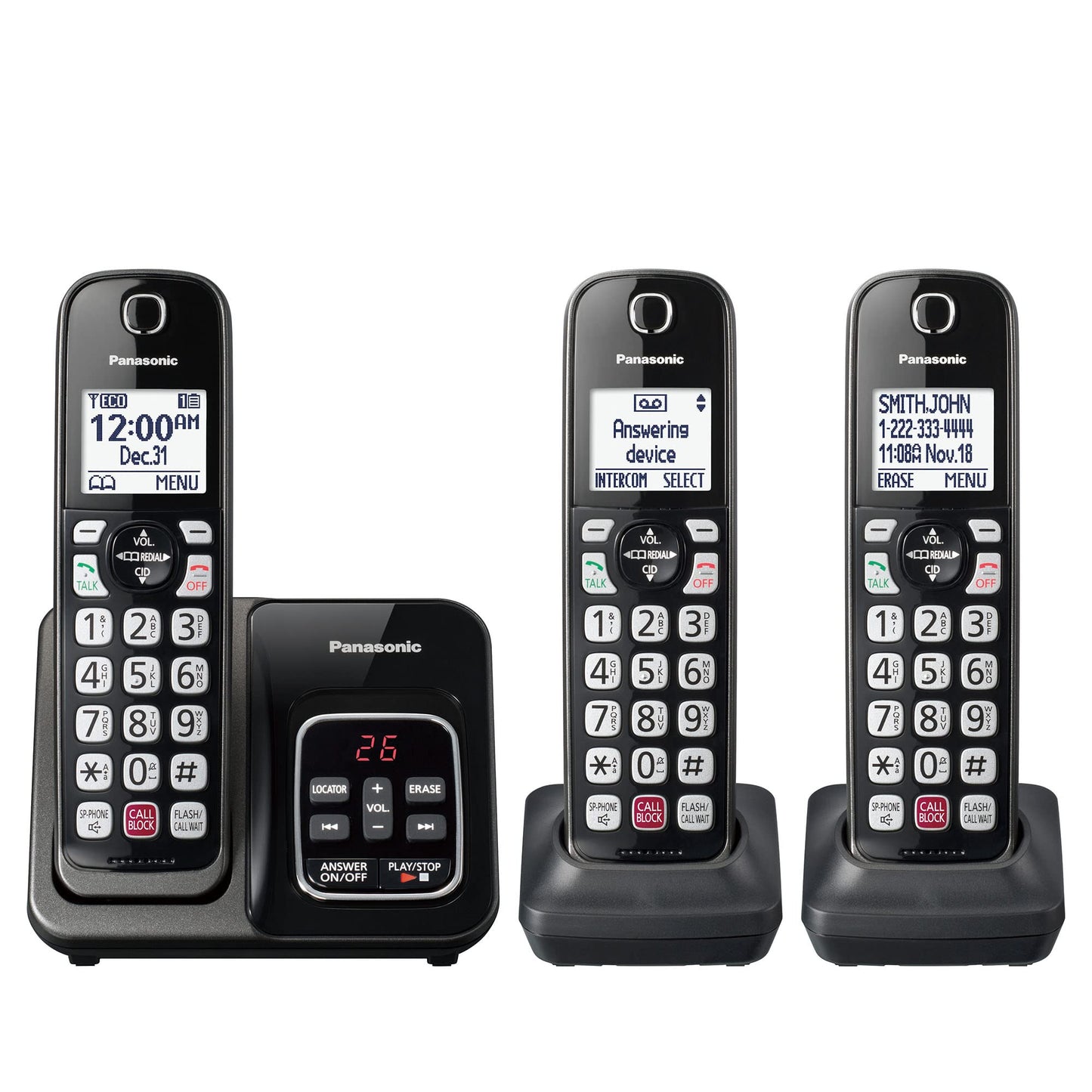 Panasonic Cordless Phone with Answering Machine, Advanced Call Block, Bilingual Caller ID and High-Contrast Display, Expandable System with 3 Handset