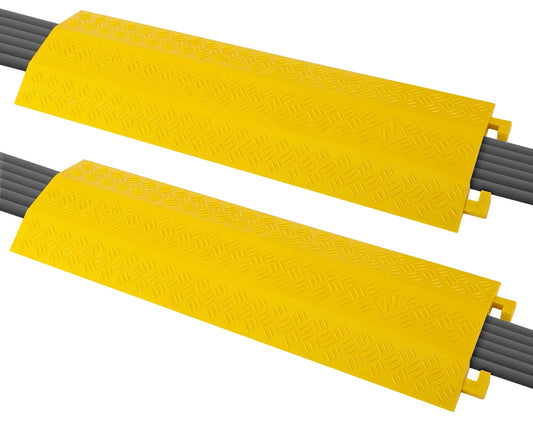 Pyle 2 Pcs Heavy Duty Cable Protector Ramp - Extra Wide Cord Cover & Wire Concealment Track, Yellow Safety Color, Non-Slip Surface, Interlocking