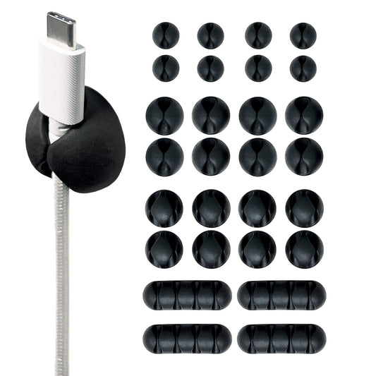 Wrap-It Storage Cable Clips - (Assorted 28-Pack) Black - Desk and Nightstand Cable Holder for Phone and Bedside Table Cord Organizer