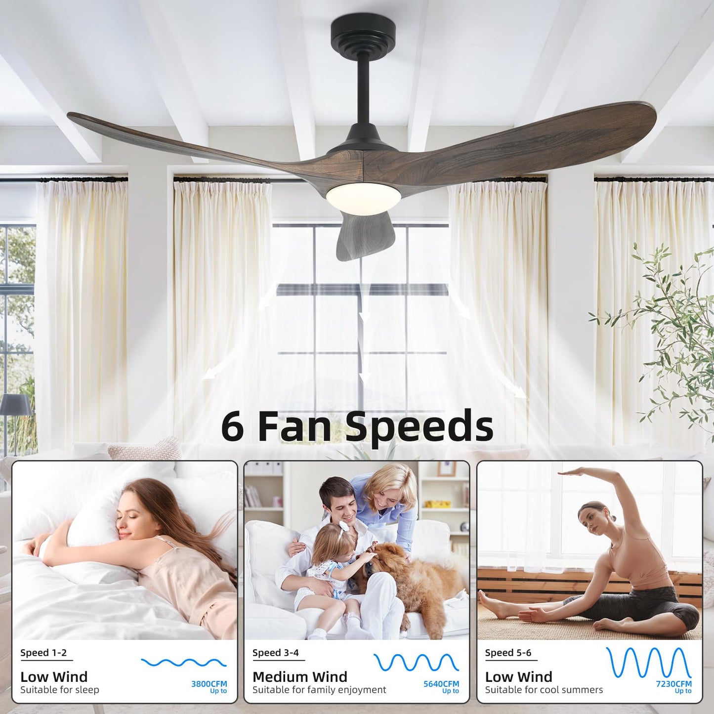 Homlit 52” Outdoor Ceiling Fan with Light, Compatible with Alexa/Google, 3 Walnut Solid Wood Blade, Noiseless Reversible Dc Motor, Smart Outdoor Wood