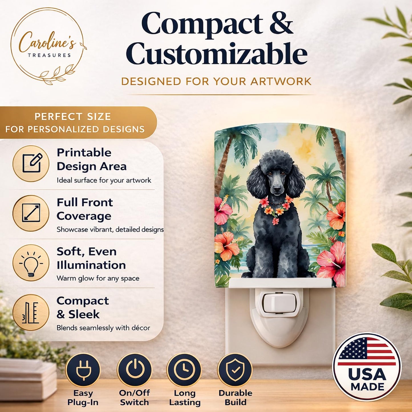 Caroline's Treasures Black Poodle Luau Ceramic Night Light Compact, UL-Certified, Ideal for Bedroom, Bathroom, Nursery, Hallway, Kitchen, 6x4x3