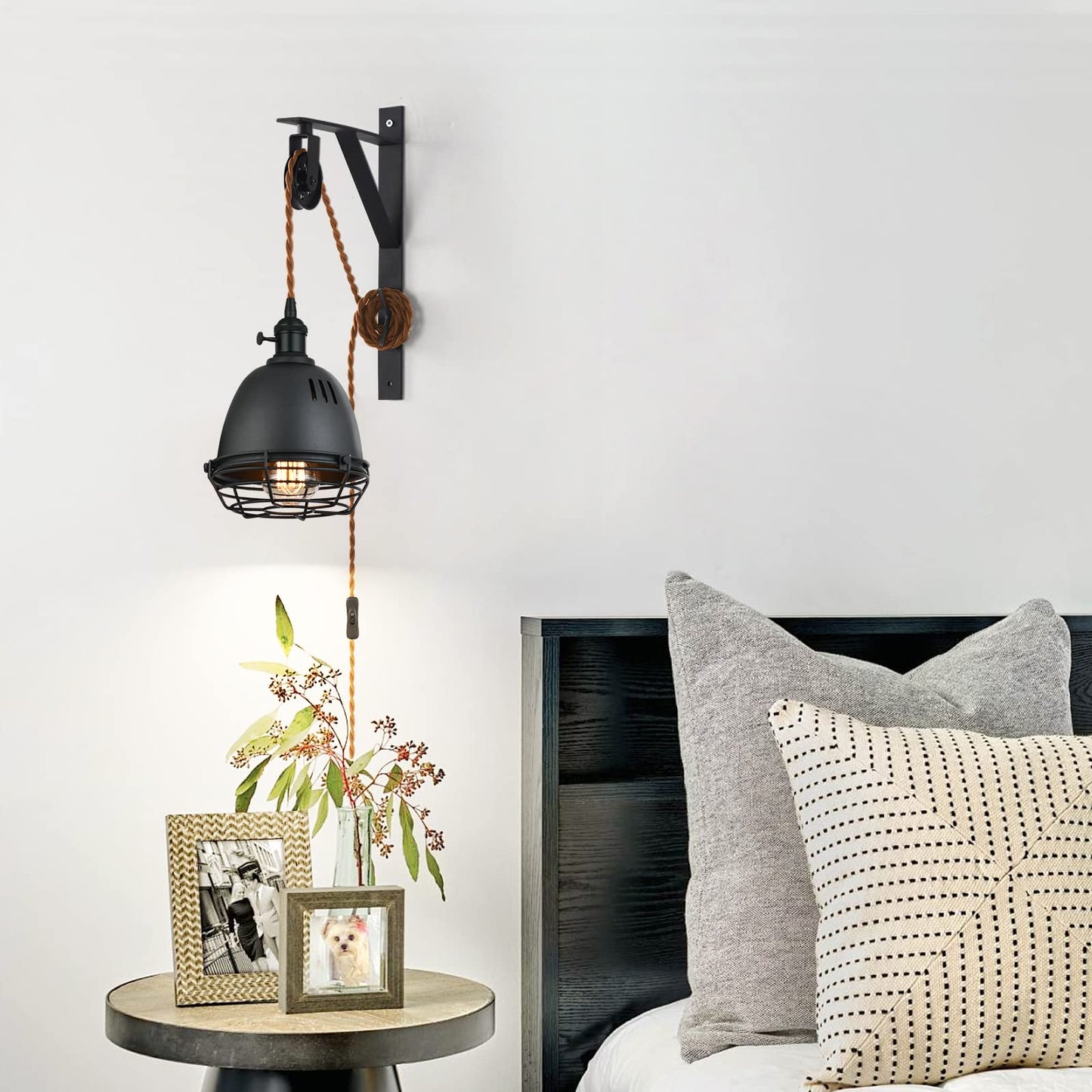SEEBLEN Vintage Design Industrial Wheel Farmhouse Wall Mount Set of 2,Pulley Wall Pendant Lamp with 7-Foot Brown Plug and Switch, Adjustable Wall