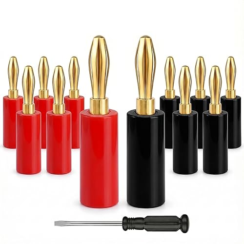 Zylveron Banana Plugs, Solderless 24K Gold Plated 4mm Speaker Wire Connectors | 6 Pairs / 12 Pcs Dual-Screw Type for Home Theater, Wall Plates