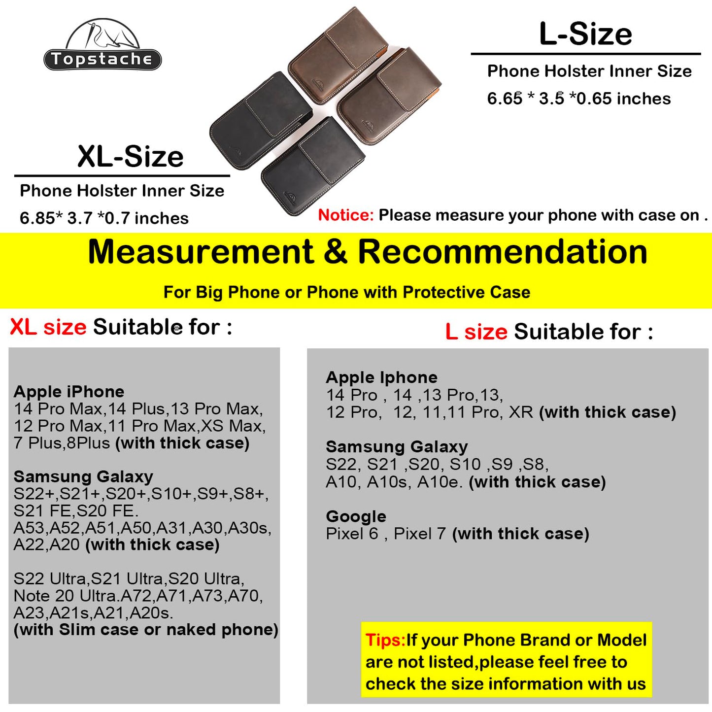 Topstache Leather Cell Phone Holster for Galaxy S25/S24/S23 Ultra & Plus - Belt Clip Cell Phone Case for iPhone 17/16/15/14 Pro Max & Plus - Leather