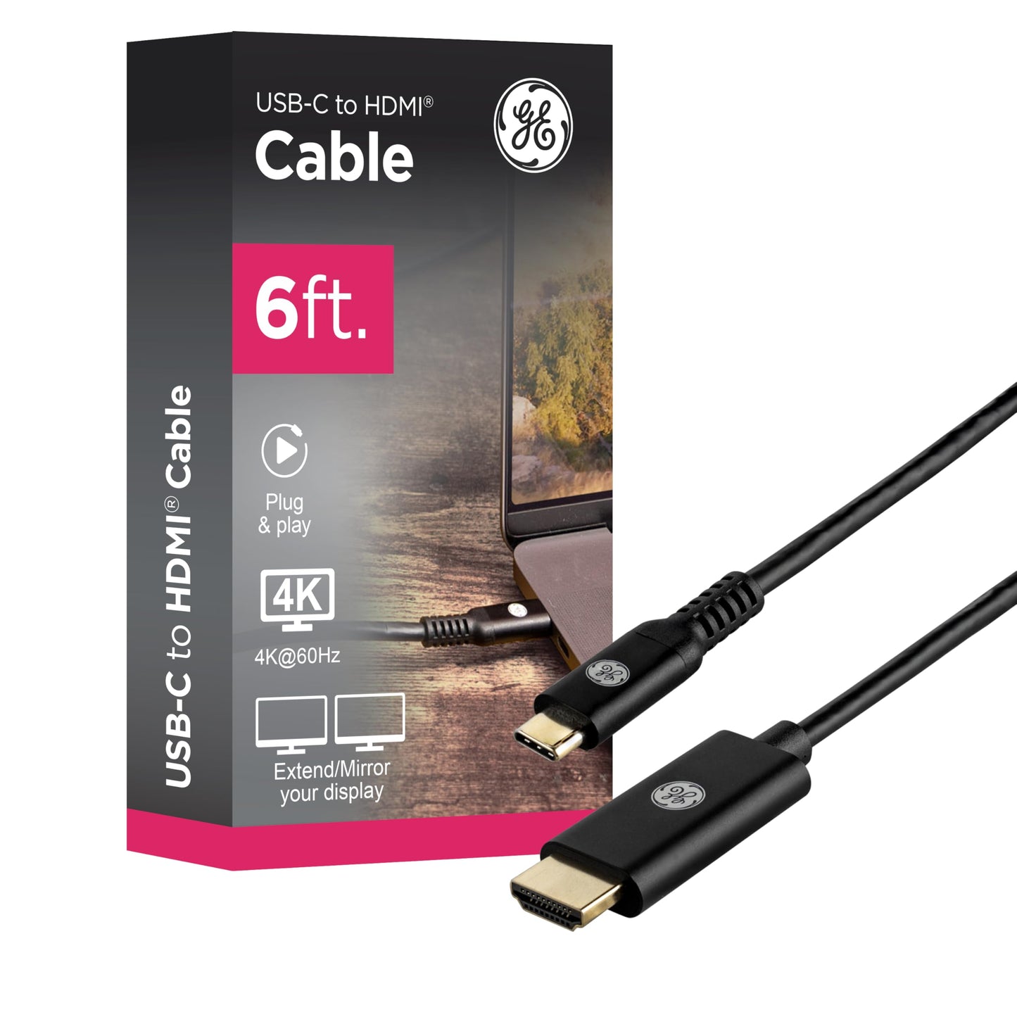 GE USB-C to HDMI 2.0 Cable, 6ft - 4K@60Hz UHD Video & Audio, Plug & Play, High-Speed 18Gbps, Compatible with MacBook, Chromebook, Laptops & More