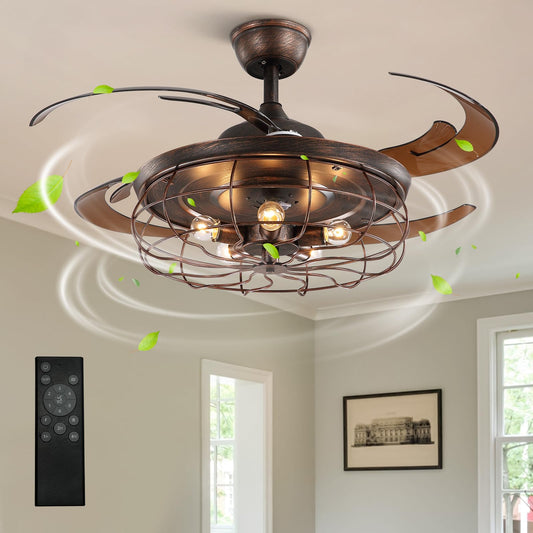 CROSSIO 48 Inches Retractable Caged Ceiling Fan with Lights, Reverse Industrial Rusty Fandelier Fan Chandelier with Remote Control for Living Room