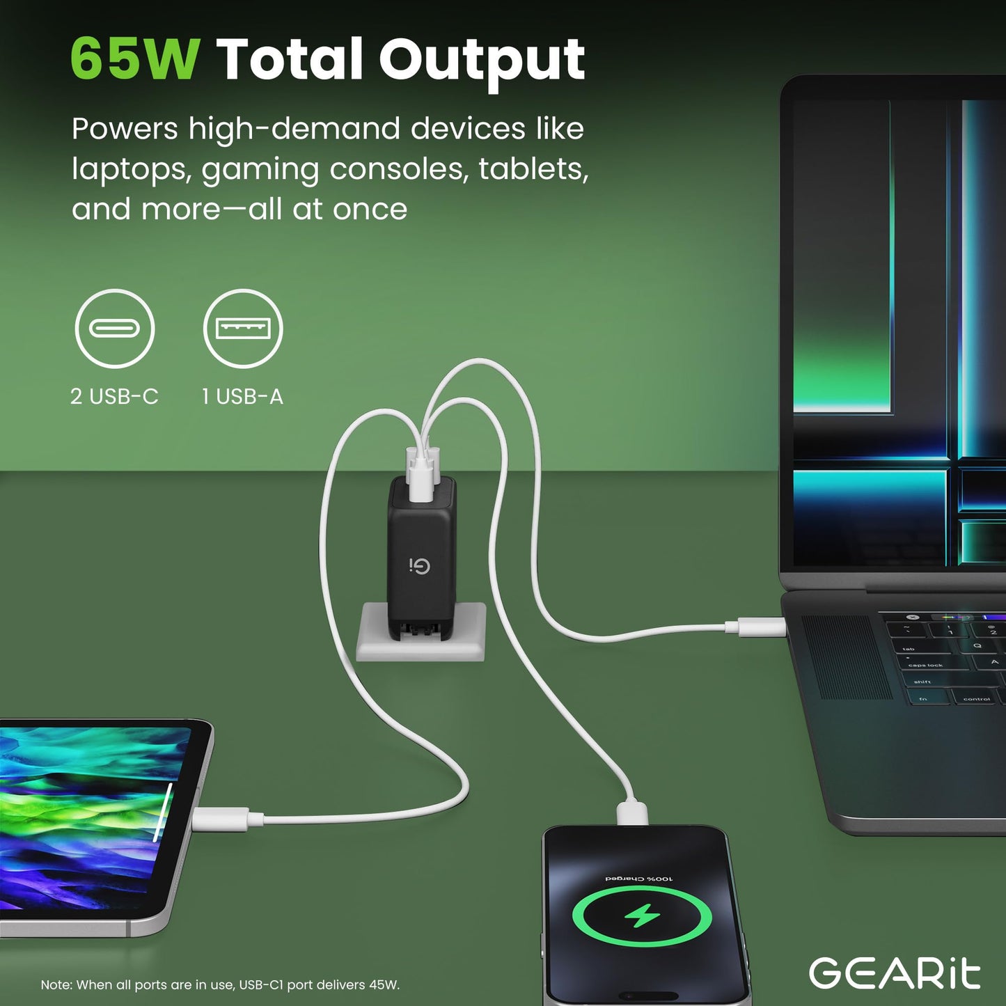 GEARit USB C Charger Block, 65W 3-Port Fast Charging Adapter, Compact Foldable PD Charger, Compatible with MacBook Pro/Air, iPad, iPhone 17/16/15/14