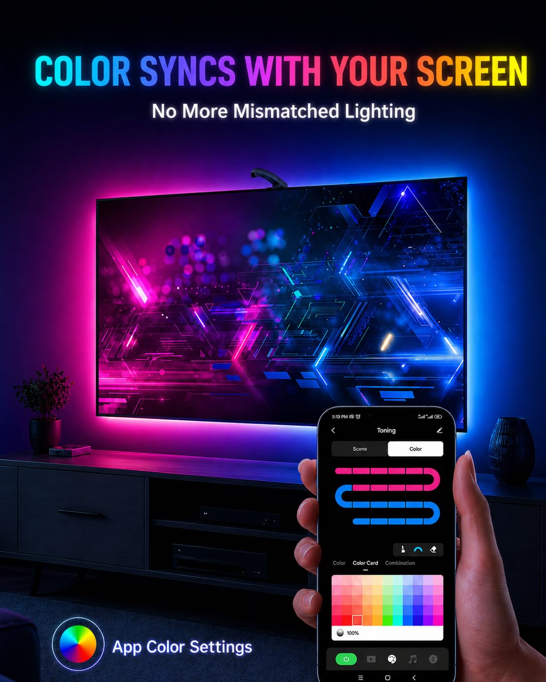 QTU TV LED Backlight with Sensor, LED Sync Lights for TV 55-65 Inch, Smart Camera Sync to Screen, Ambient RGB Strip Lights for Gaming & Home Theater