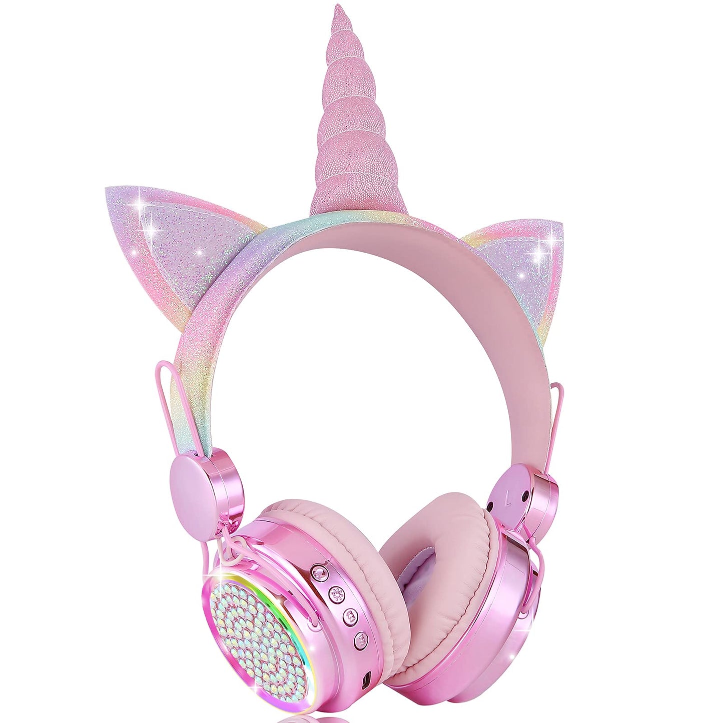 KORABA Kids Headphones Bluetooth Wireless, Unicorn LED Lights up Girls Headsets with Microphone, 10 Hours 5.0 Bluetooth Headphones for Girls, Kids…