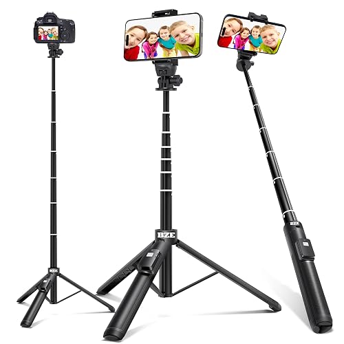 BZE 62 inches Extendable Selfie Stick Tripod with Wireless Remote & Phone Holder, Portable Aluminum Alloy 3 in 1 Stand for Group Photos, Vlogging