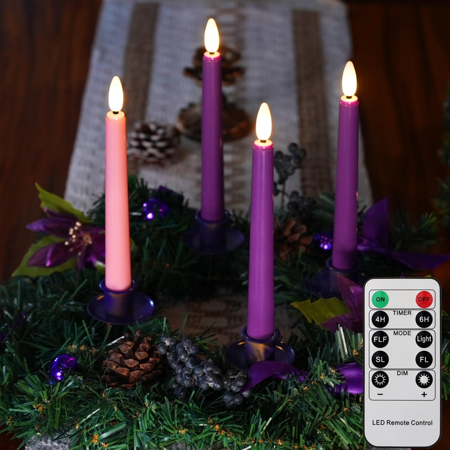 FREEPOWER Flameless Advent Candles - Set of 4 Battery Operated LED Advent Candle with Remote Control & Timer- 8-inch Tall Flicker Flame Battery