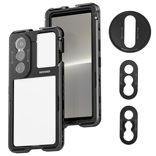 NEEWER Xperia 1 V Cage, Quick Release Video Rig Case Phone Stabilizer Holder for Recording Filming, 67mm Filter Adapter, 17mm Lens Backplate, T Mount