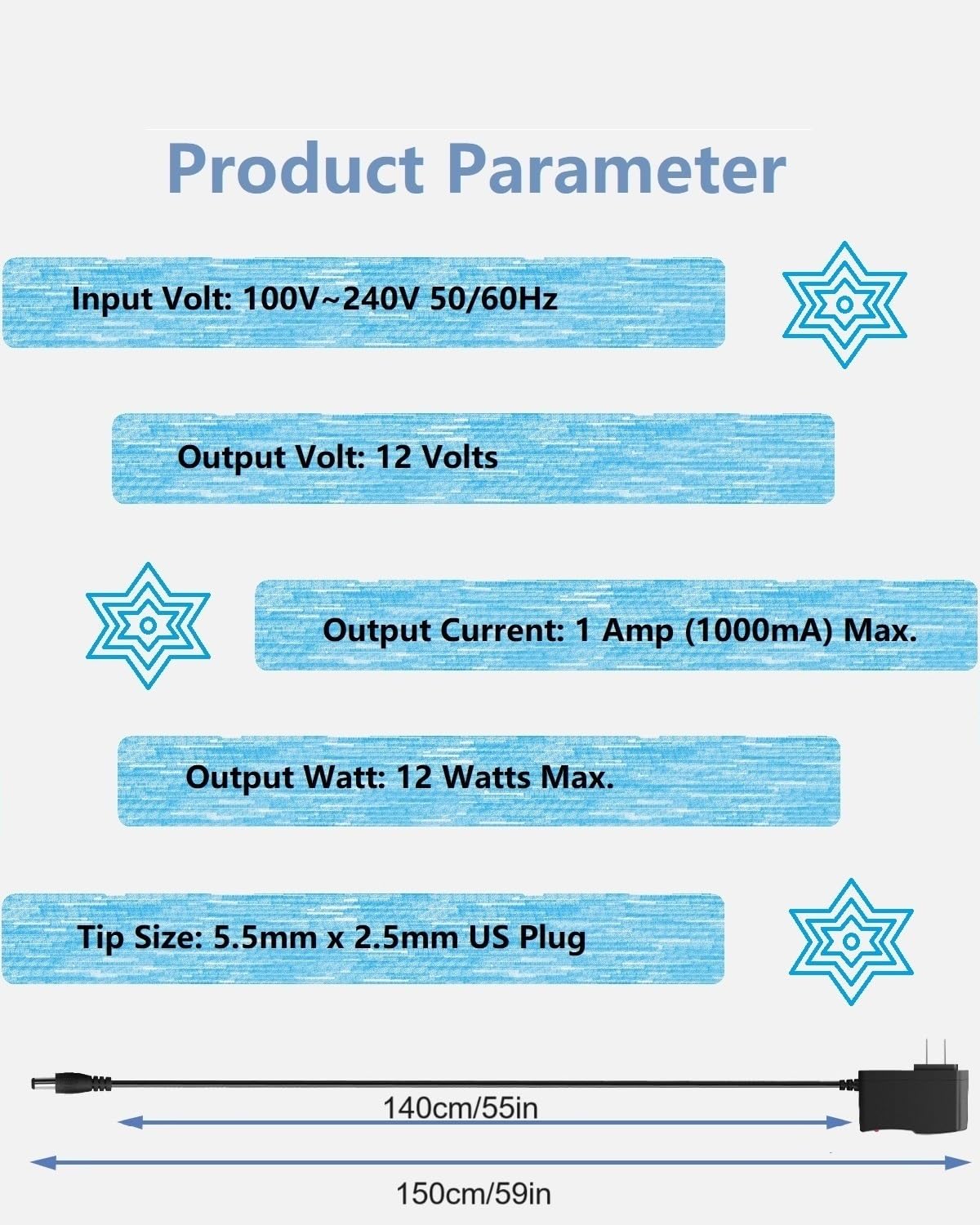 12V DC Power Supply 1A Universal AC Adapter, 100-240 50/60Hz Adapter to 12 Volt 1Amp Transformer, DC 12V Power Cord, 5.5mm x 2.5mm Plug