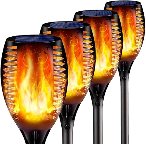 4PCs Solar Torch Lights Outdoor, 43 inch 96 LED, Waterproof Landscape Garden Pathway Light with Vivid Dancing Flickering Flames, with Auto On/Off Dusk