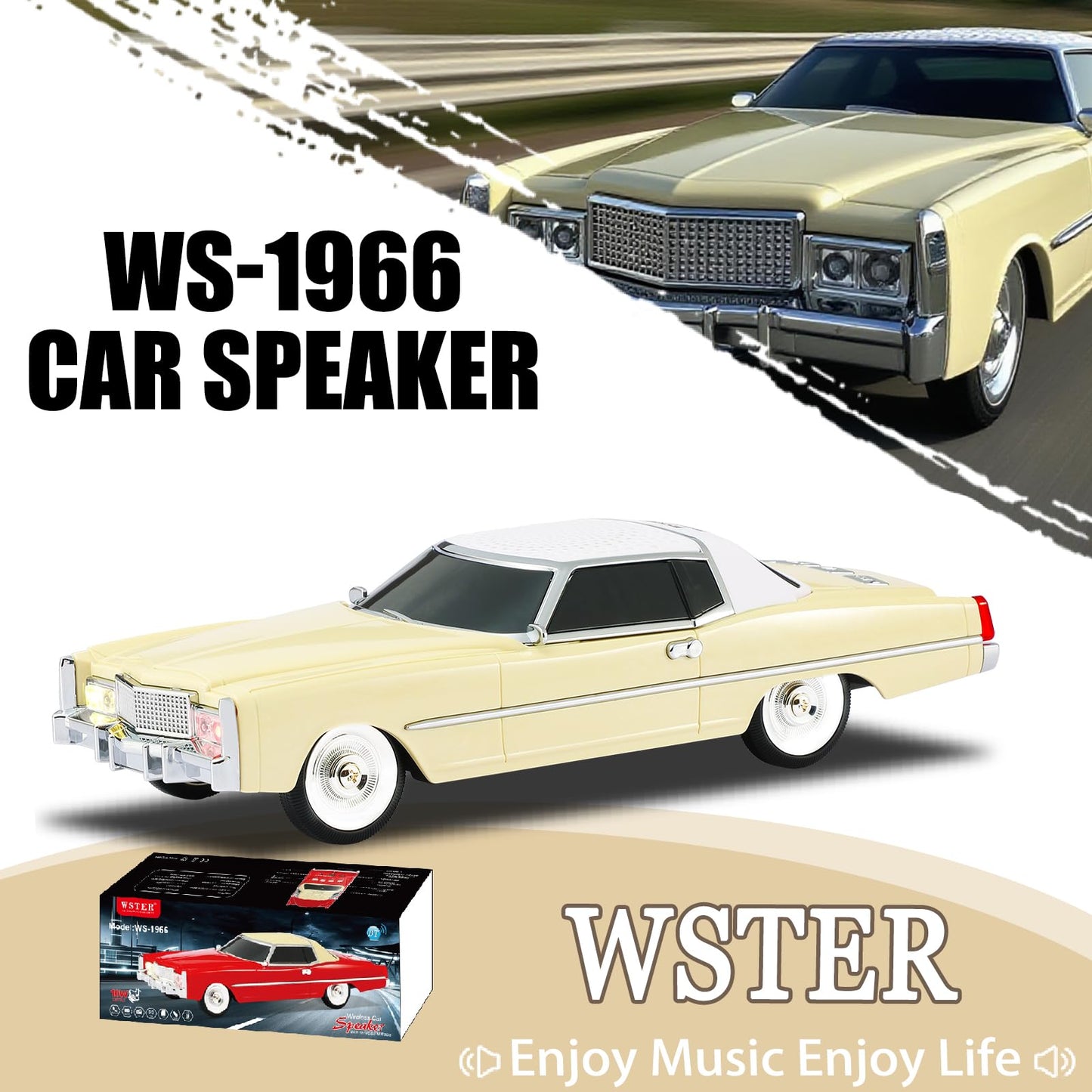 WSTER WS-1966 Retro Sedan Bluetooth Car Replica Speaker - HD Stereo, TWS, FM, USB/TF, LED Lights, Type-C - Portable Model Car Speaker with Mic