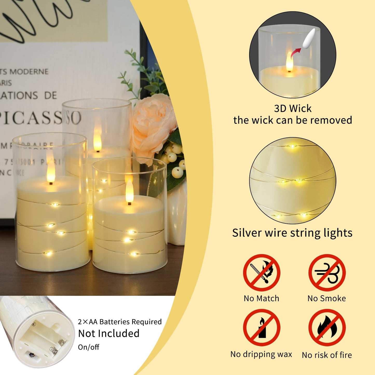 Homwamee Flickering Flameless Candles with Remote Timer- LED Candles Set of 3(4”/5”/6”), Battery Powered Candle in Glass Safe