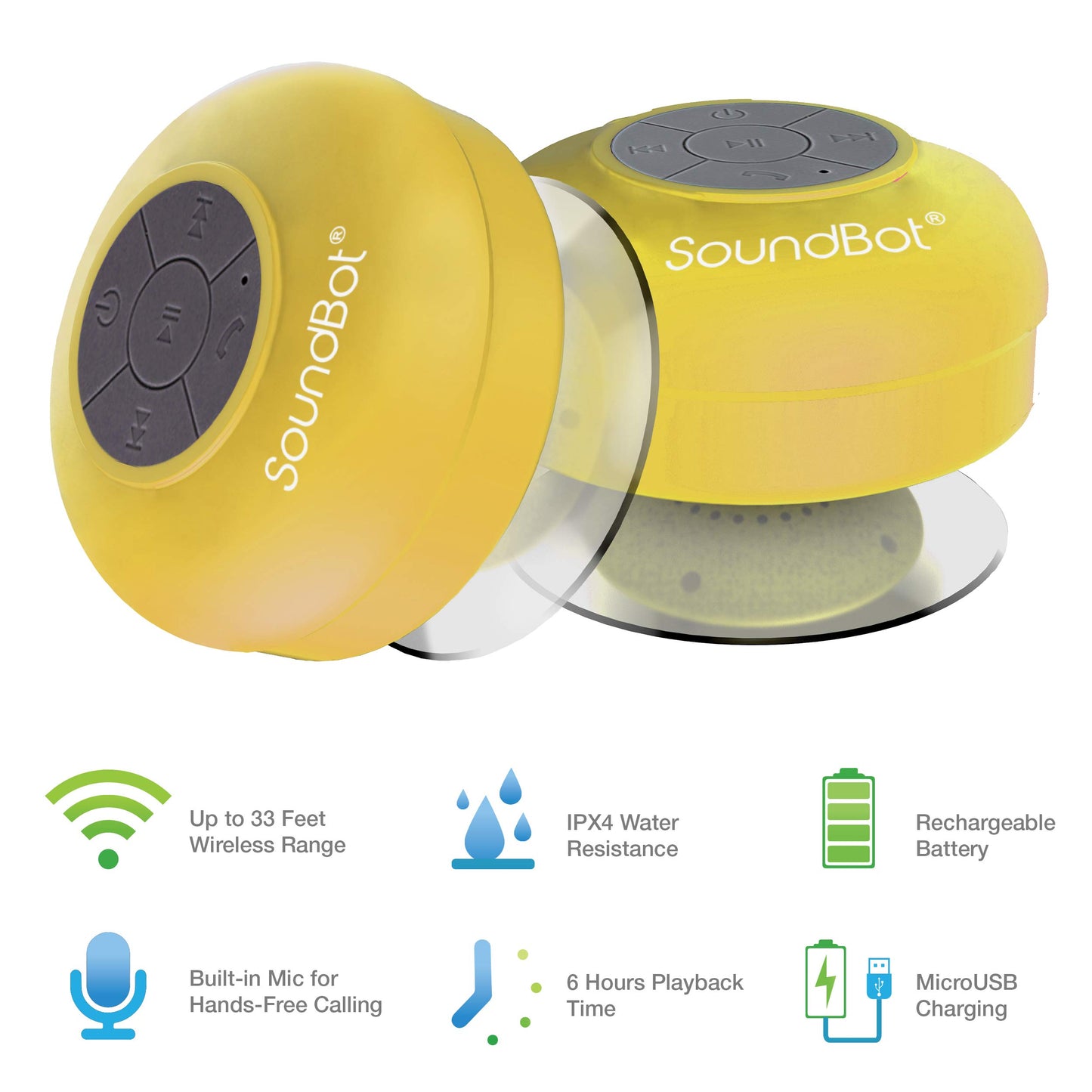 SoundBot® Waterproof Shower Speaker HD Water Resistant Bluetooth Handsfree Portable with Loud Clear Sounds 6+hrs of Playtime, Wireless Suction Cup