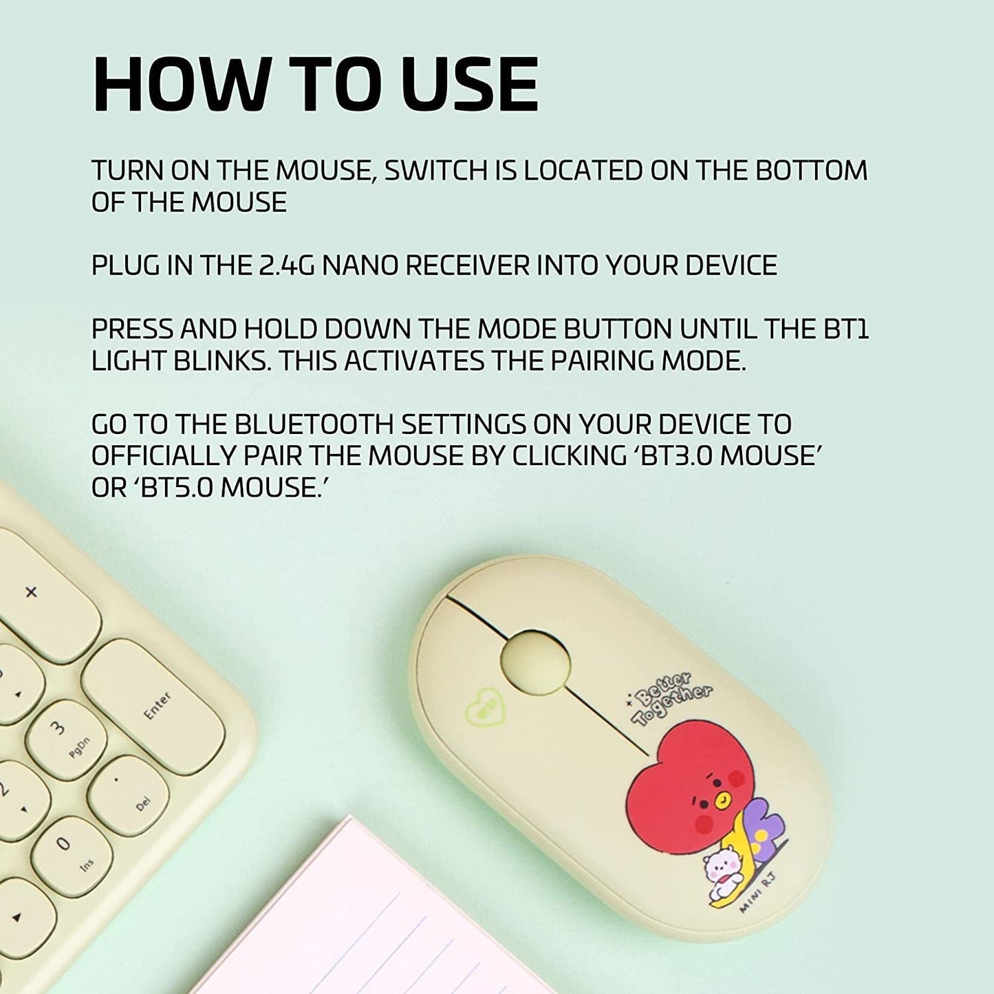 ROYCHE BTS Inspired Characters Multi Pairing Wireless Mouse, Little Buddy Baby Better Together Edition, All in Their Own Cute Style & Colors (SHOOKY)