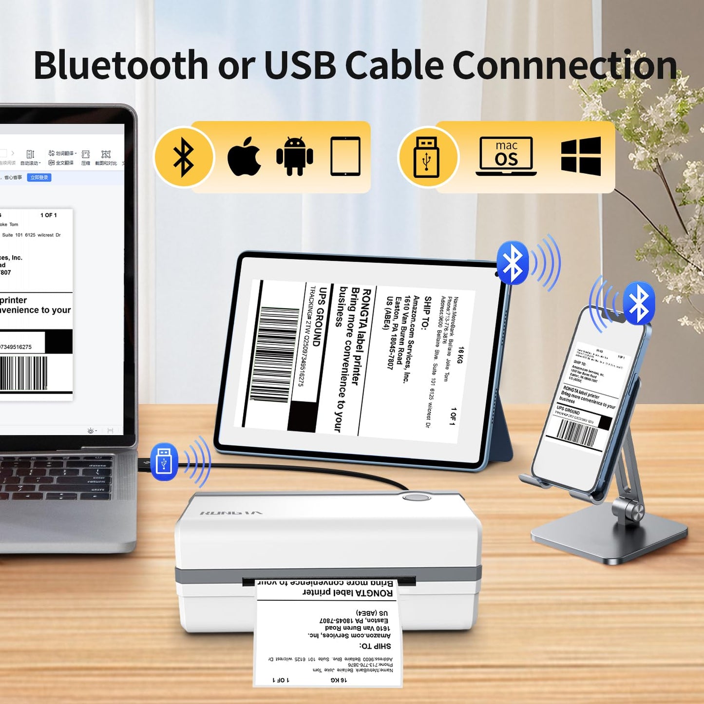 Rongta Bluetooth Thermal Shipping Label Printer, Wireless 4x6 Label Sticker Printer for Shipping Packages, Support Android, iPhone, Widely Used