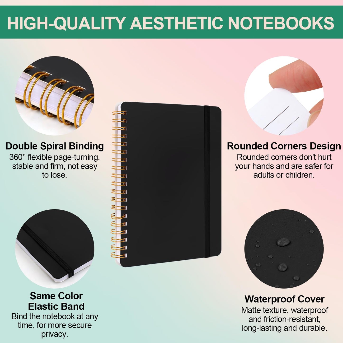 Utron 3 PCS Small Spiral Notebook 5x7, Notebooks for Note Taking, Black Spiral Journal Notebook, Work Notebook Small Notebooks 5x7 with Strap, Cute
