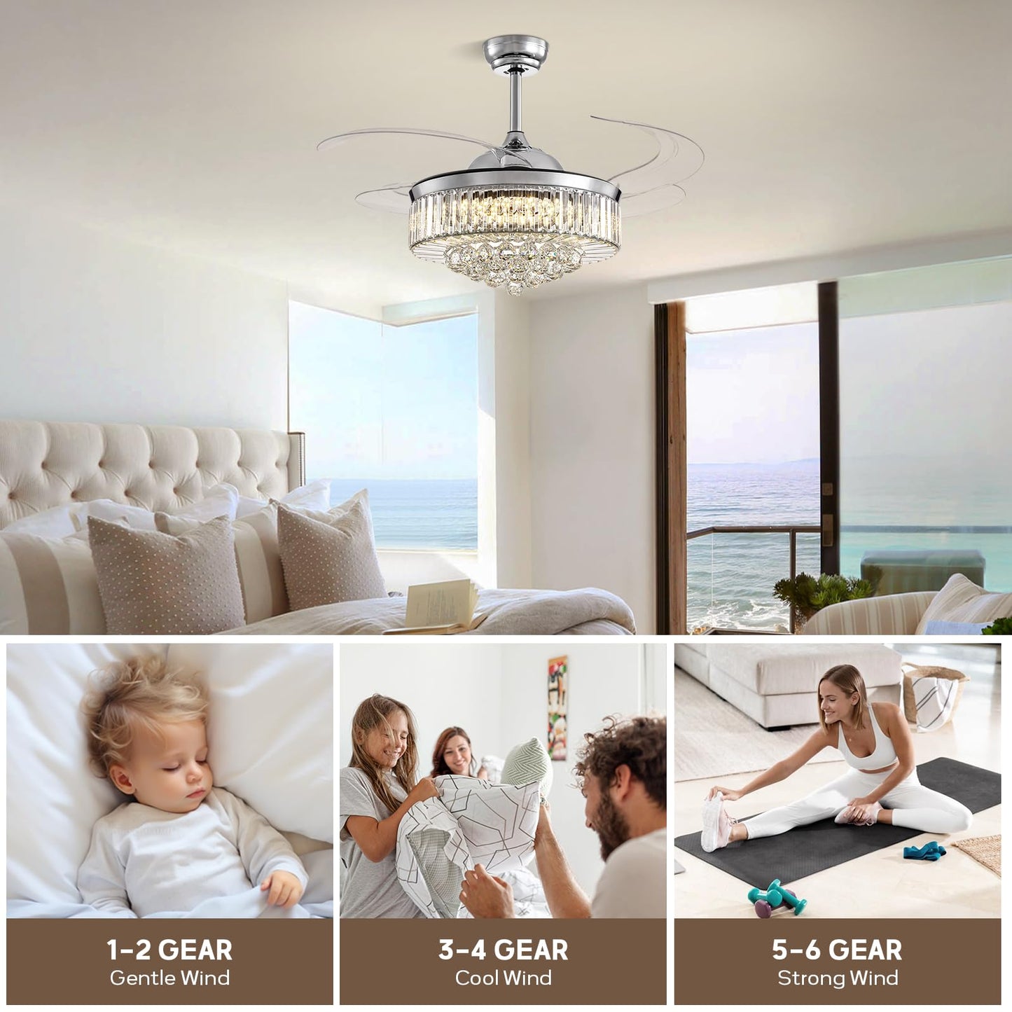 CROSSIO 48" Crystal Chandelier Ceiling Fan with Light Modern Ceiling Fan with Retractable Blades Crystal Fandelier with Remote Control Chrome