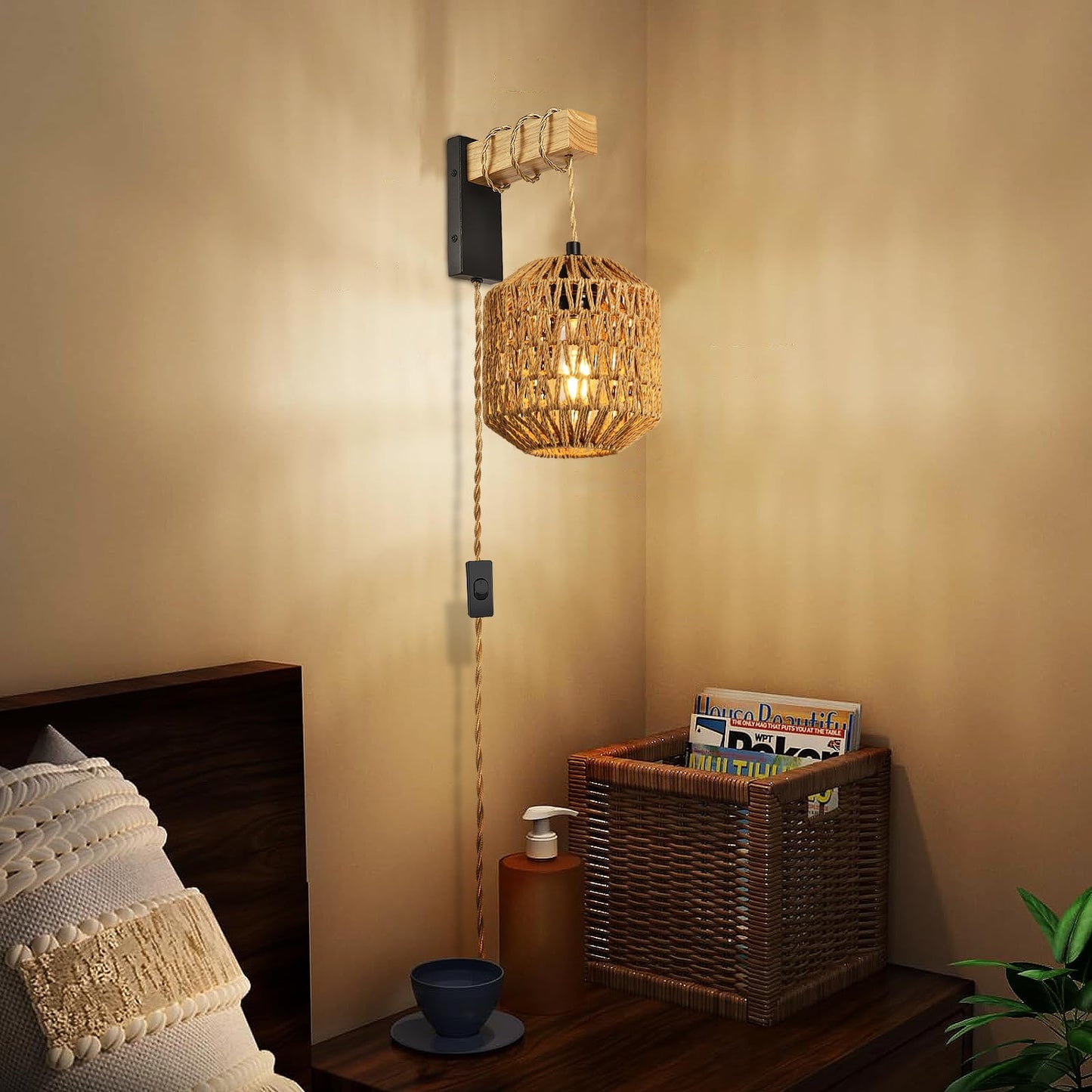 NOVCAND Boho Hanging Wall Light Plug in,Vintage Farmhouse Wall Sconces Set of Two with Rattan Shade for Bedroom Living Room-Black