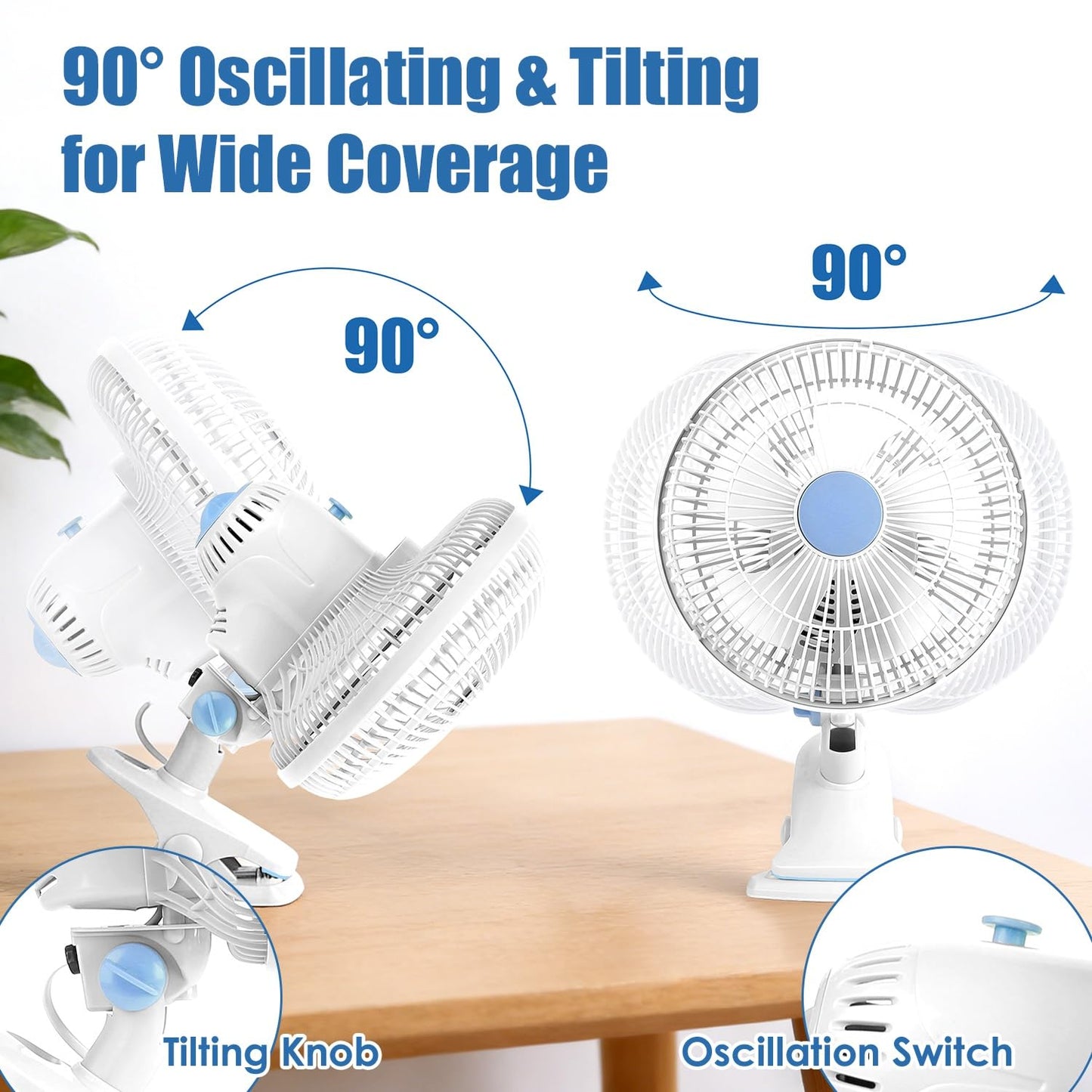 WZONICE98 Clip On Fan with 2 Speeds, 90° Oscillating Small Fan for Bed Desk, Portable Clip Fan Plug in for Office Bedroom, Wall Hanging, Speeds Low