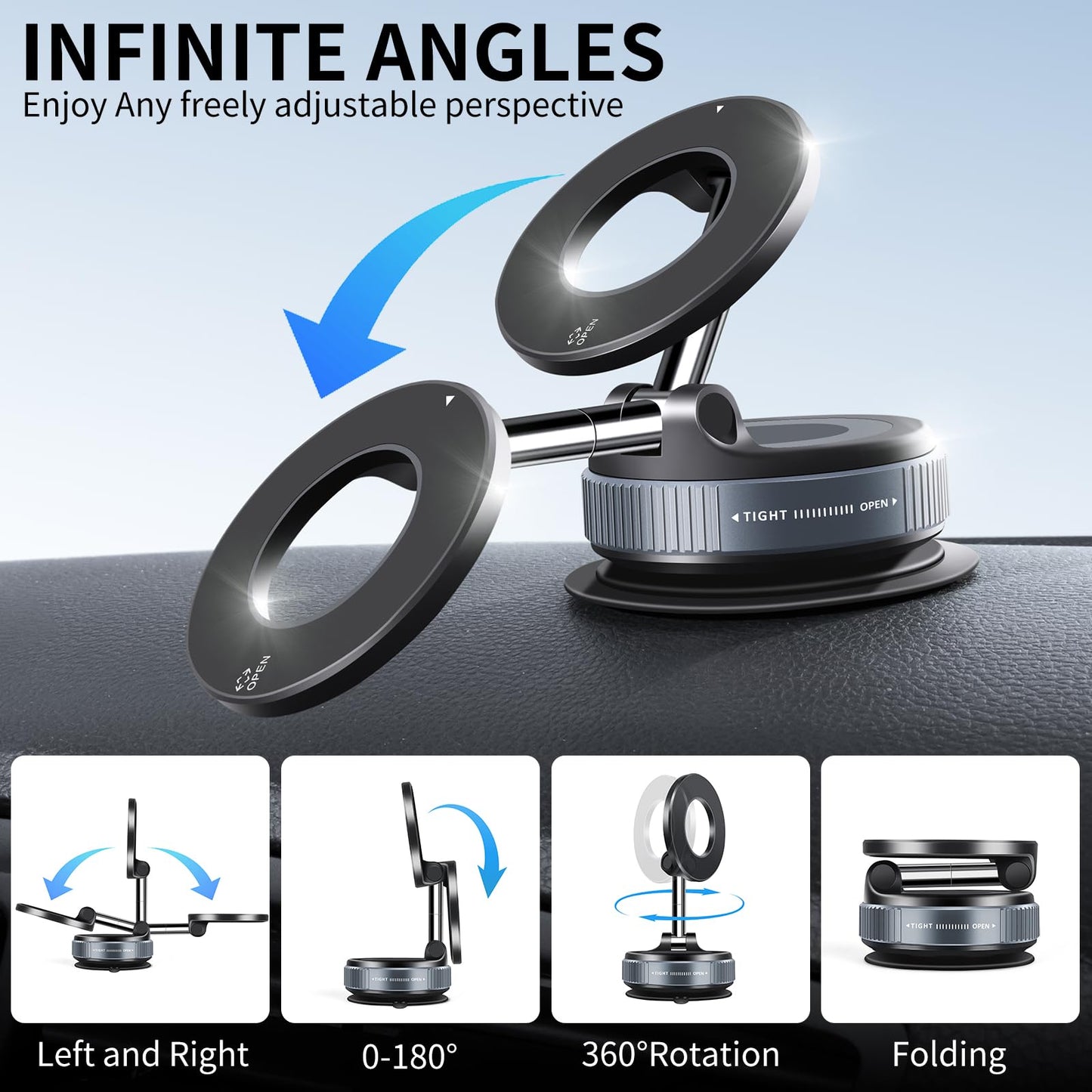 Galundge Vacuum Suction Magnetic Phone Holder, 2025 Upgraded Foldable Retractable Suction Cup Car Phone Mount for Magsafe, 360° Adjustable Magnetic