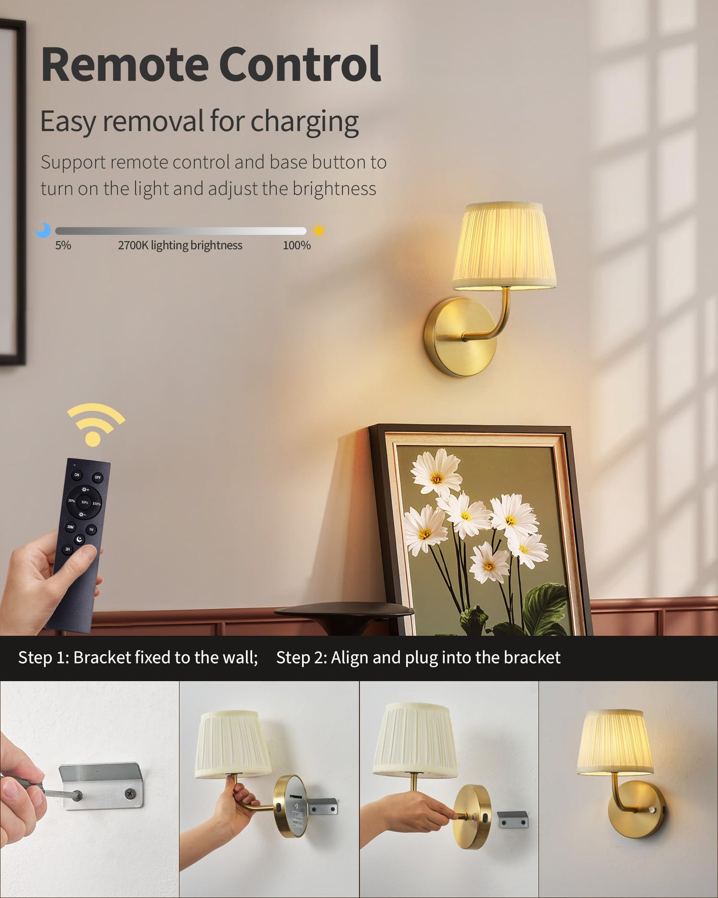 PUSU LED Cordless Gold H9.6 inch Small Wall Sconces Set of 2, Rechargeable 5200mAh Battery Operated Fabric Wall Lamp with Remote, Lighting for Living