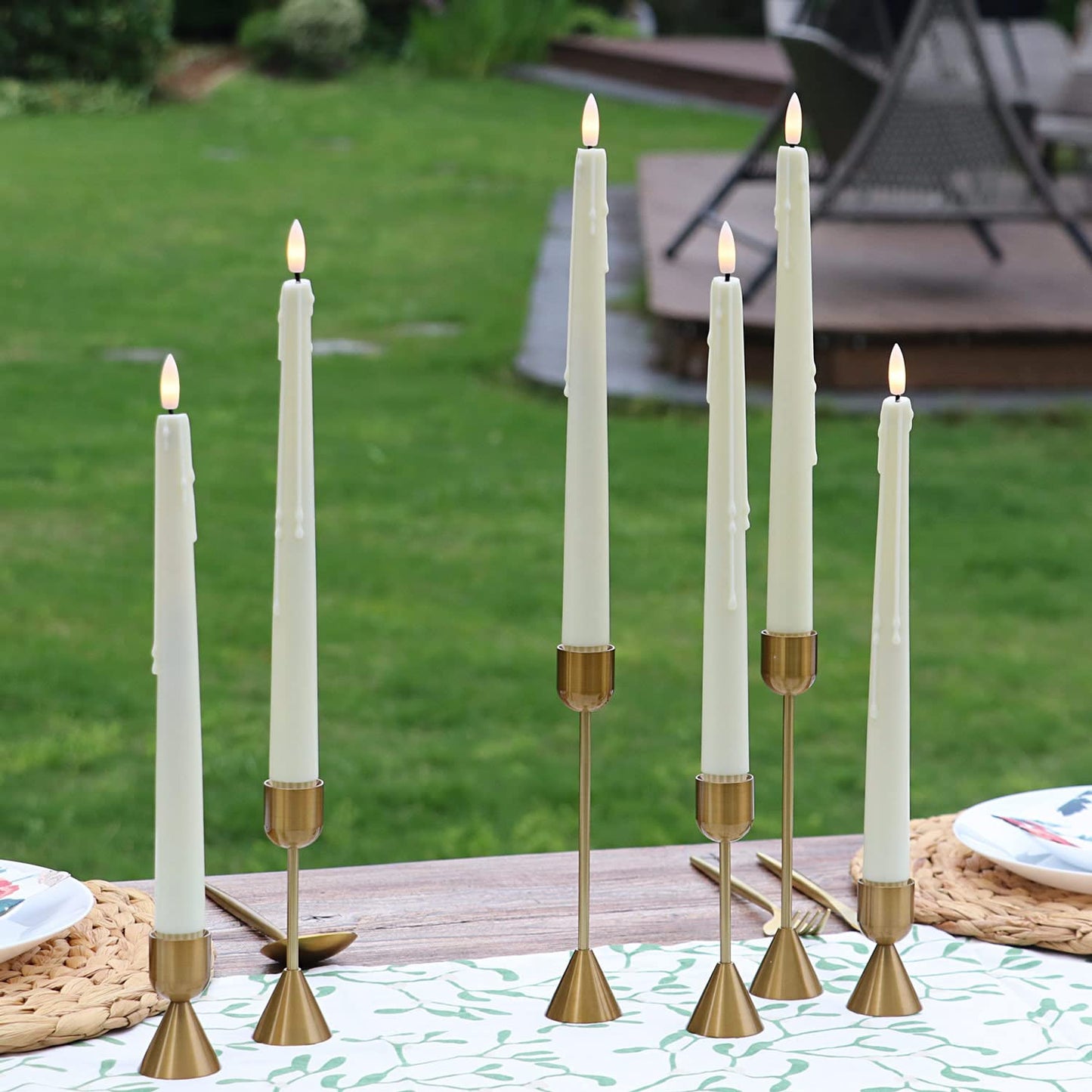 Rhytsing Natural White Flameless Taper Candles with Timer Function, Battery Operated Dinner Long Candlestick Wax Drip Design, Warm White LED, 2