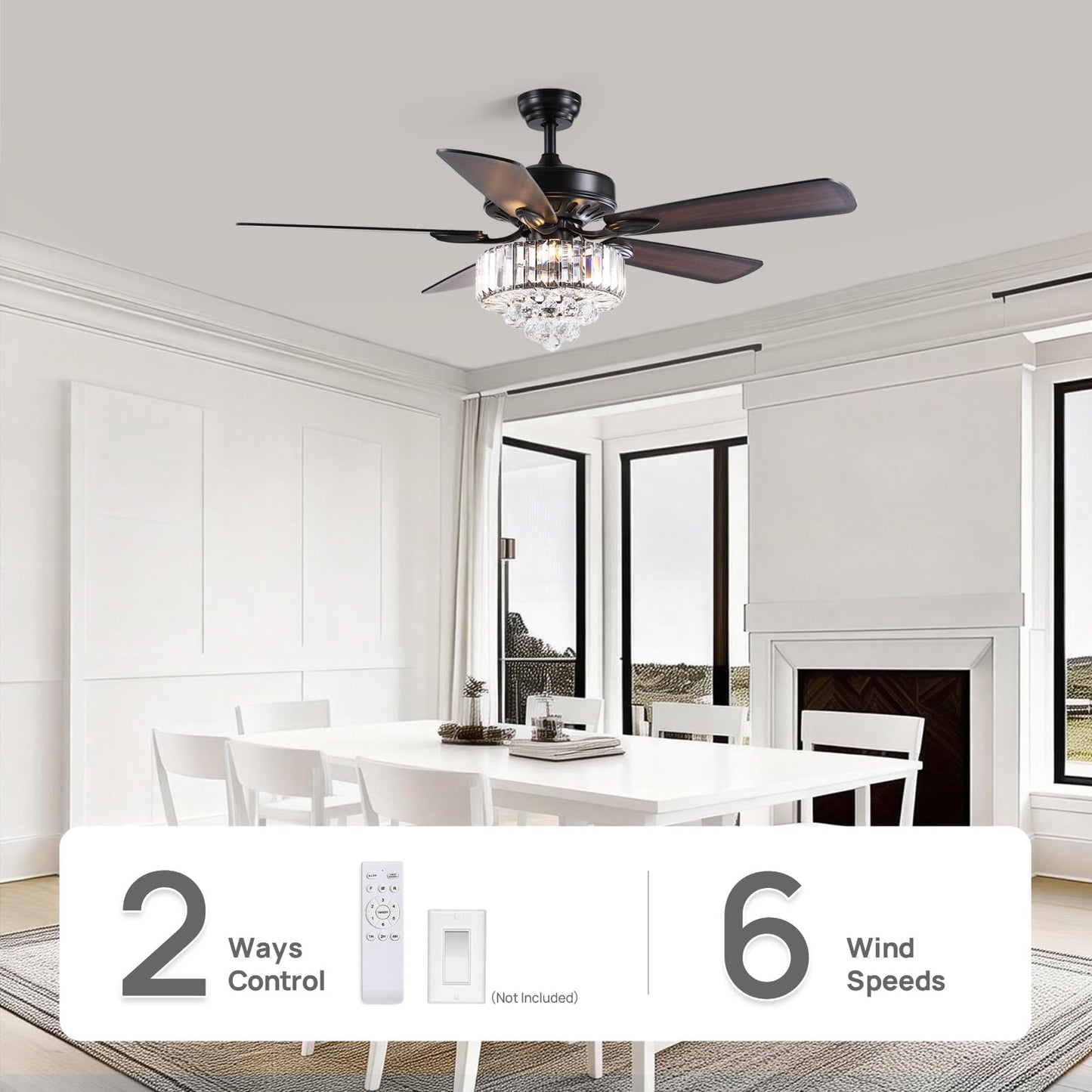 MOOONICHE 52 Inch Crystal Ceiling Fan with Lights and Remote Modern Black Chandelier Fan for Bedroom 5 Reversible Wood Blades Silent DC Motor