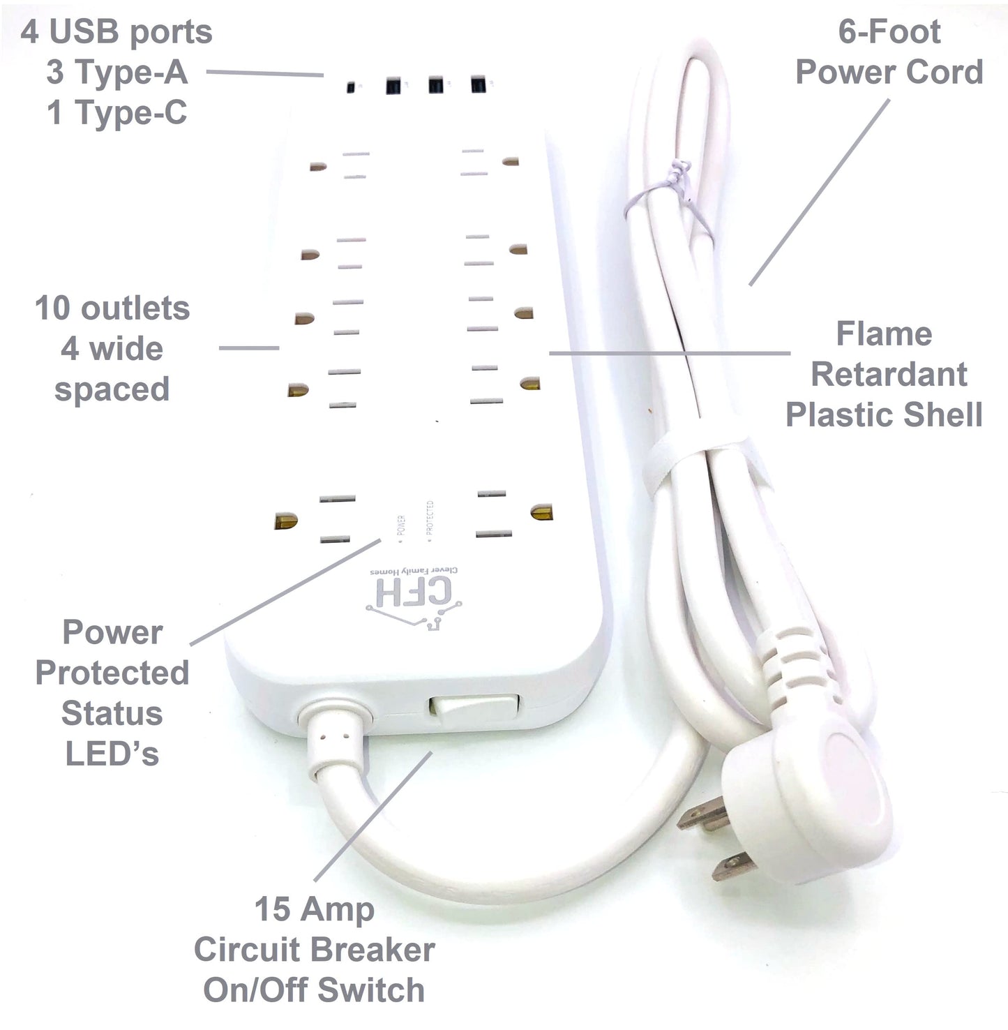 Heavy Duty 3000-Joule 10-Outlet 4-USB Fire Safe Surge Protector with Outlet Saver Power Cord and USB Charge Cables