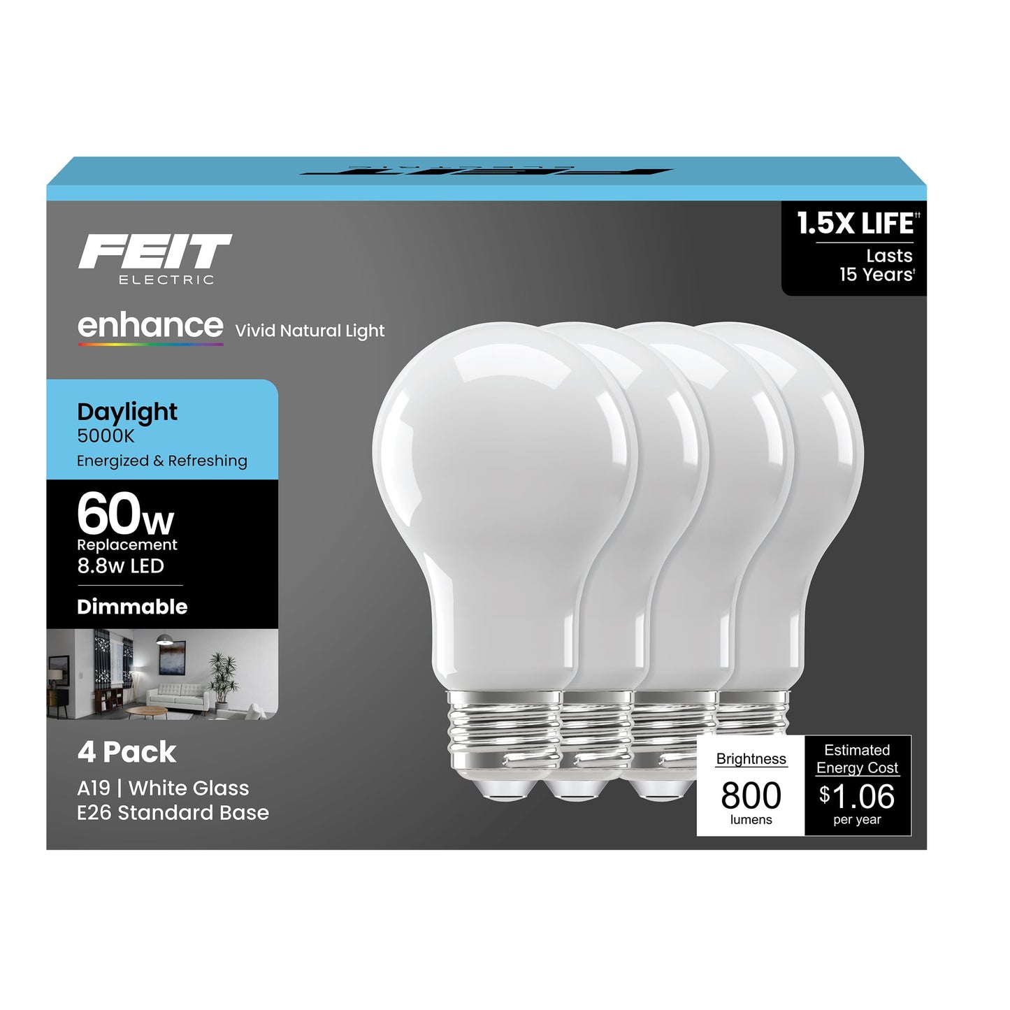 Feit Electric A19 LED Light Bulb, 8.8W (60W Replacement), 5000K Daylight, E26 Medium Base, Enhance Series, Dimmable, General Purpose Light Bulbs