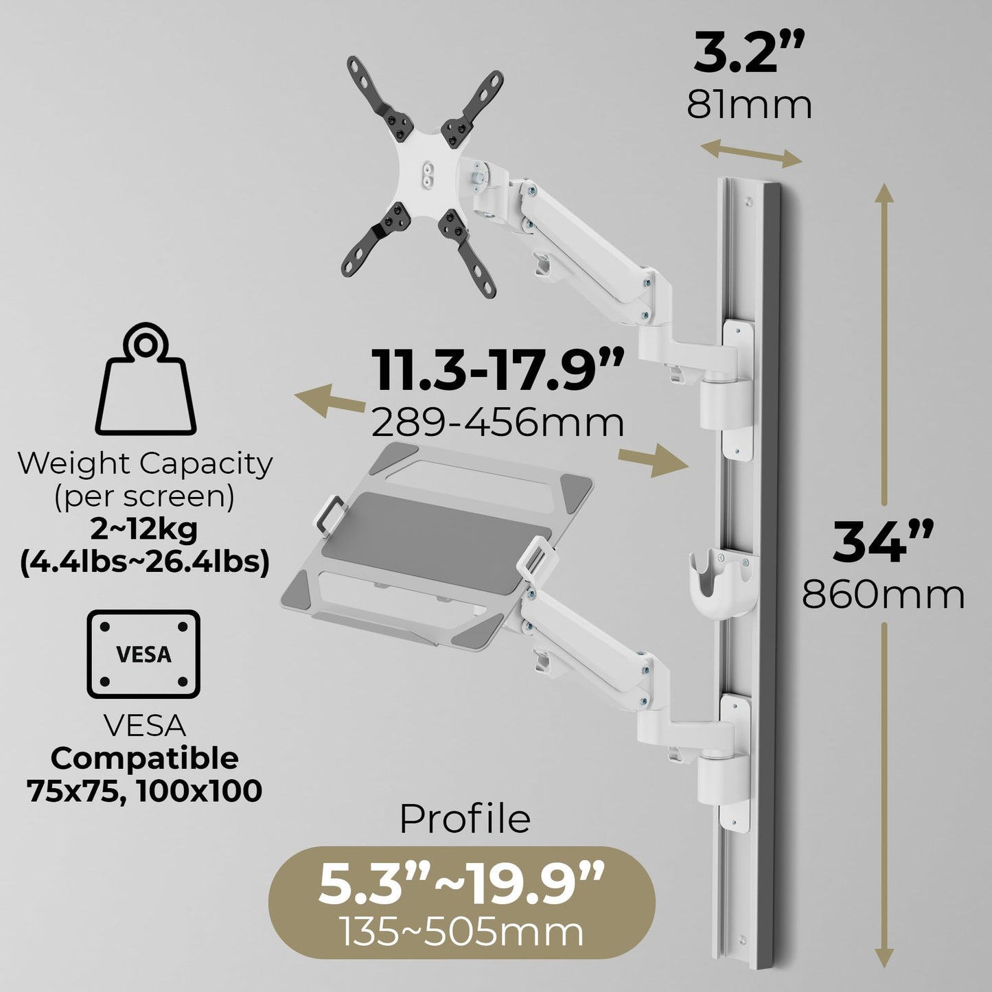 ZeboZap ZLTV8022 Wall Monitor Mount with Keyboard Tray | Fits 17 to 43 Inch | Single Monitor Wall Mount with Laptop Tray | Home Office, Bedside